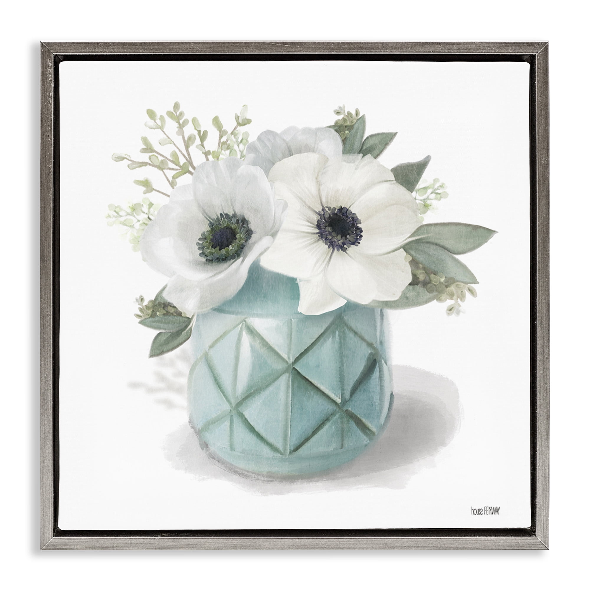White Flowers in Turquoise Vase Framed Canvas Art Print, 25 x 25