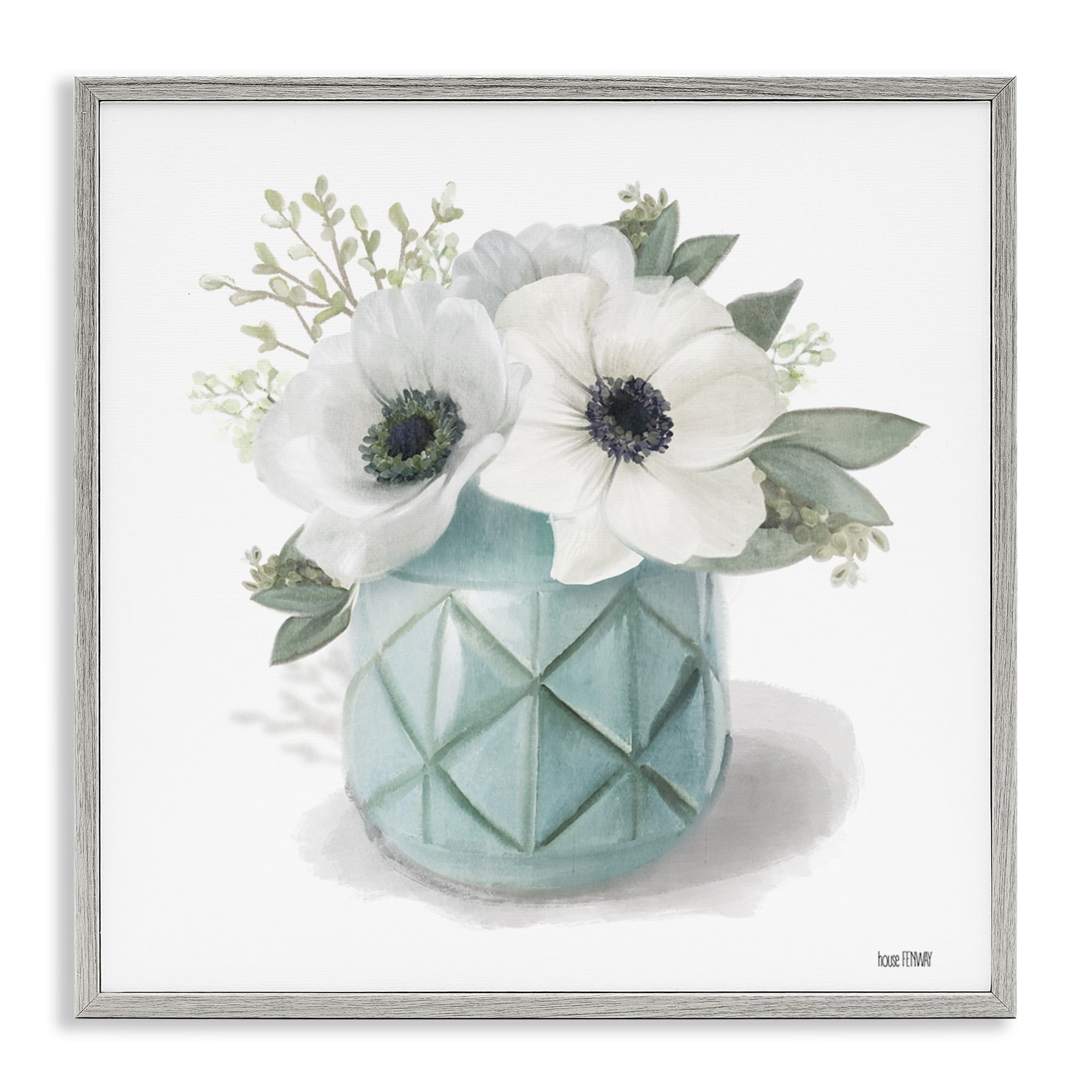 Stupell Industries White Flowers in Turquoise Vase Botanical & Floral Painting Gray Framed Art Print Wall Art, 17 x 17