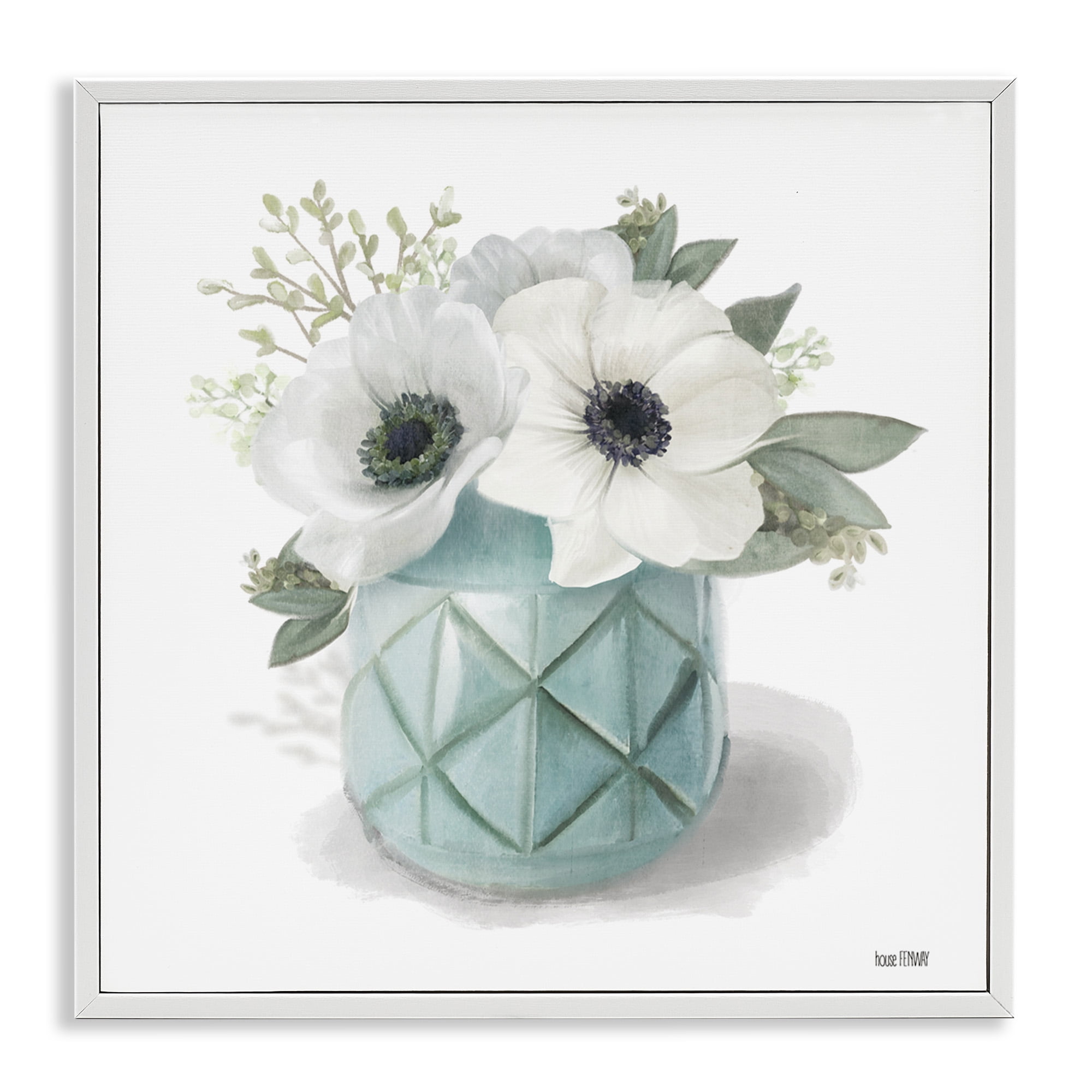 White Flowers in Turquoise Vase Botanical Art Print with White Frame