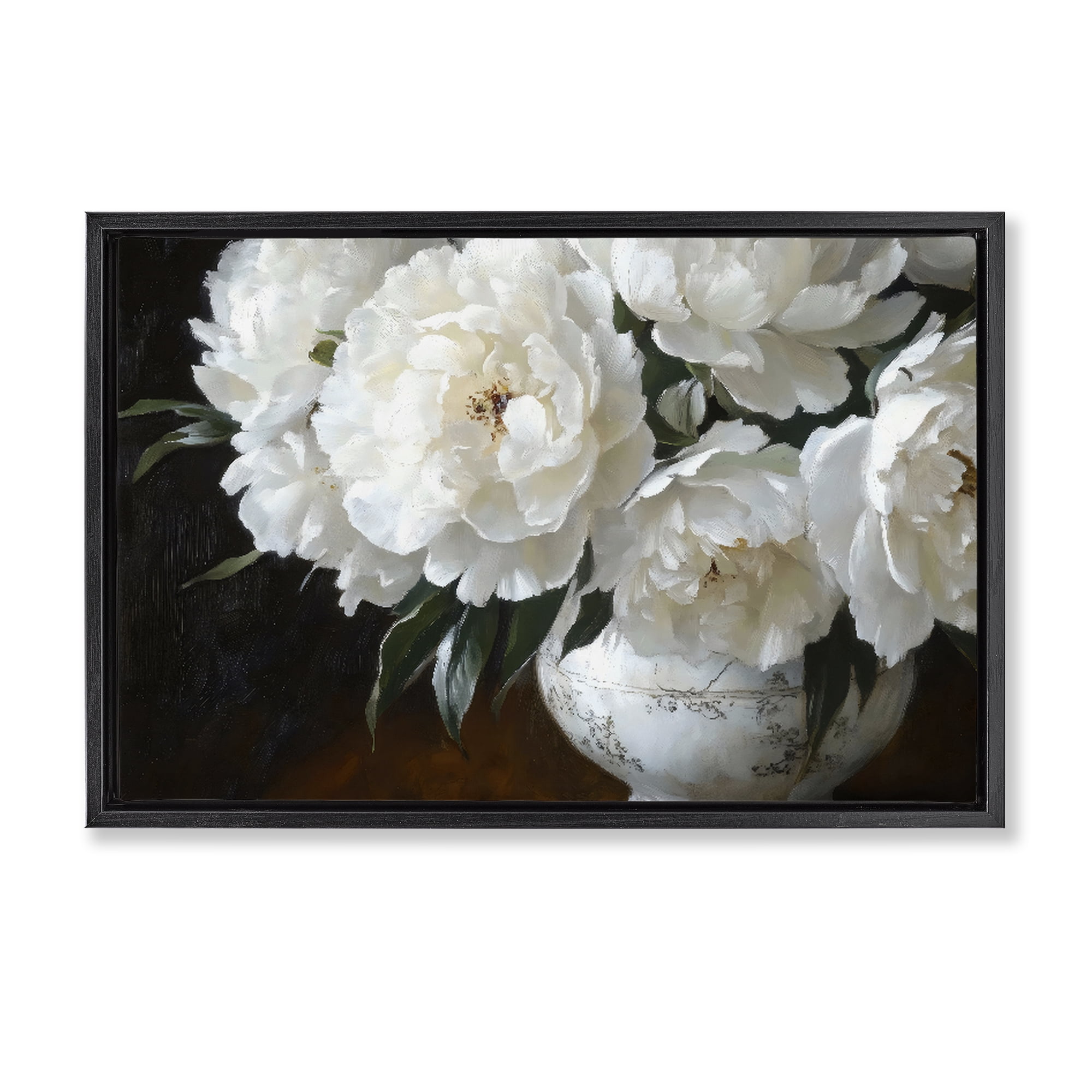 Stupell Industries White Flowers in Vintage Vase Black Framed Floater Canvas Wall Art, design by Petal Prints Design