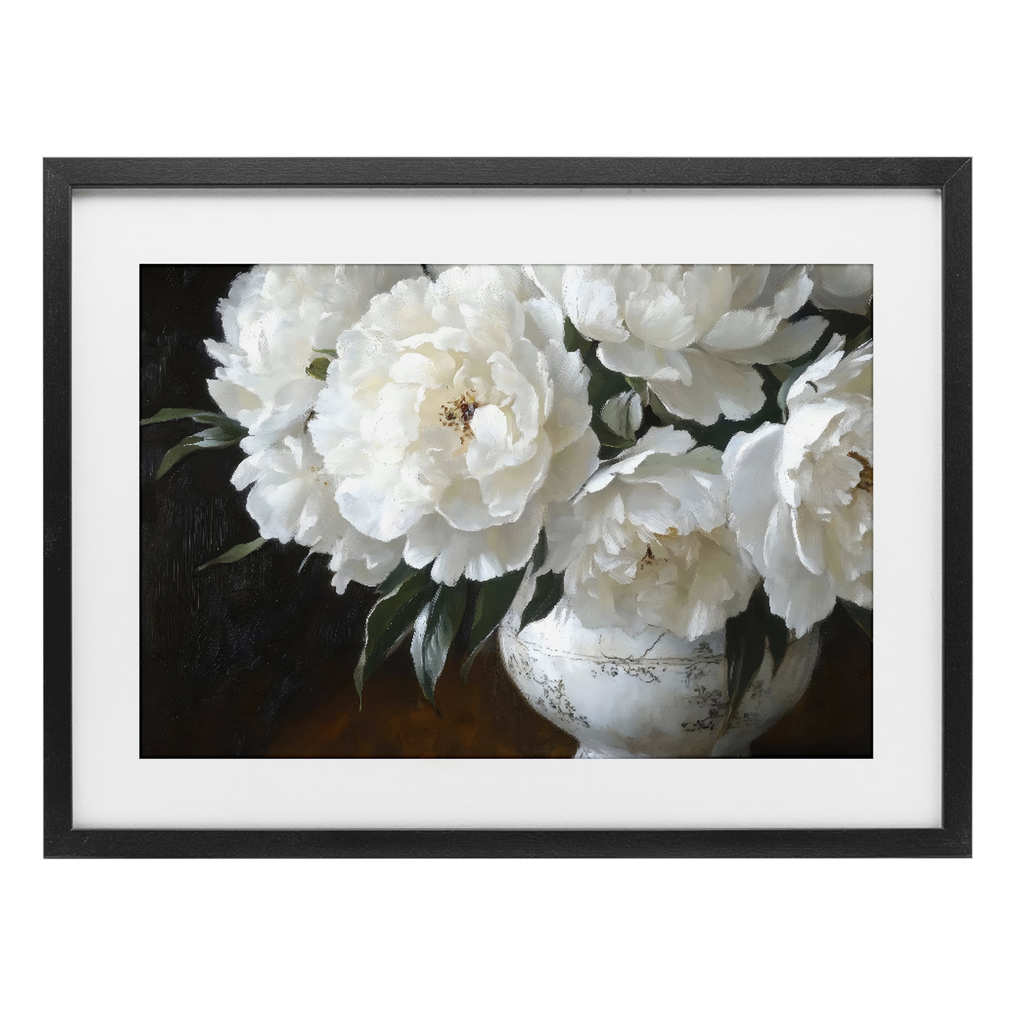 Stupell Industries White Flowers in Vintage Vase Black Framed Print Under Glass, design by Petal Prints Design