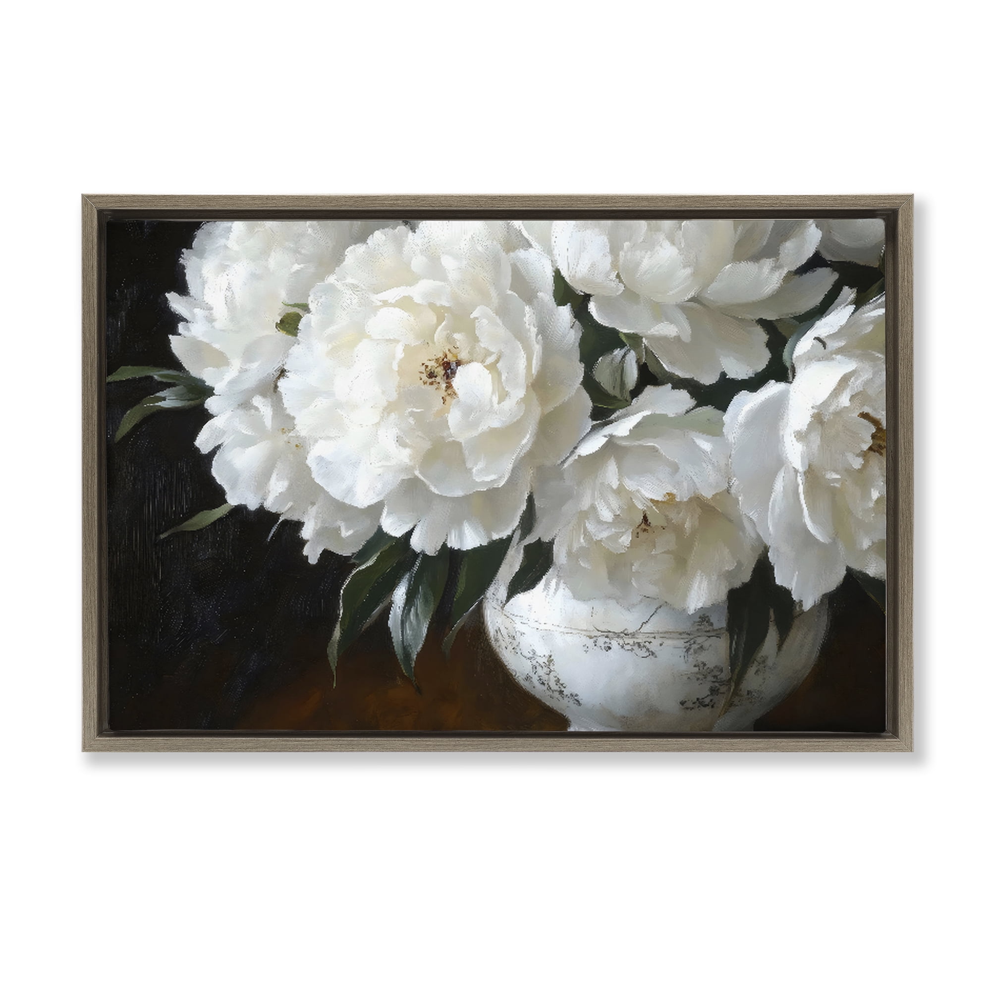 Stupell Industries White Flowers in Vintage Vase Brown Framed Floater Canvas Wall Art, design by Petal Prints Design