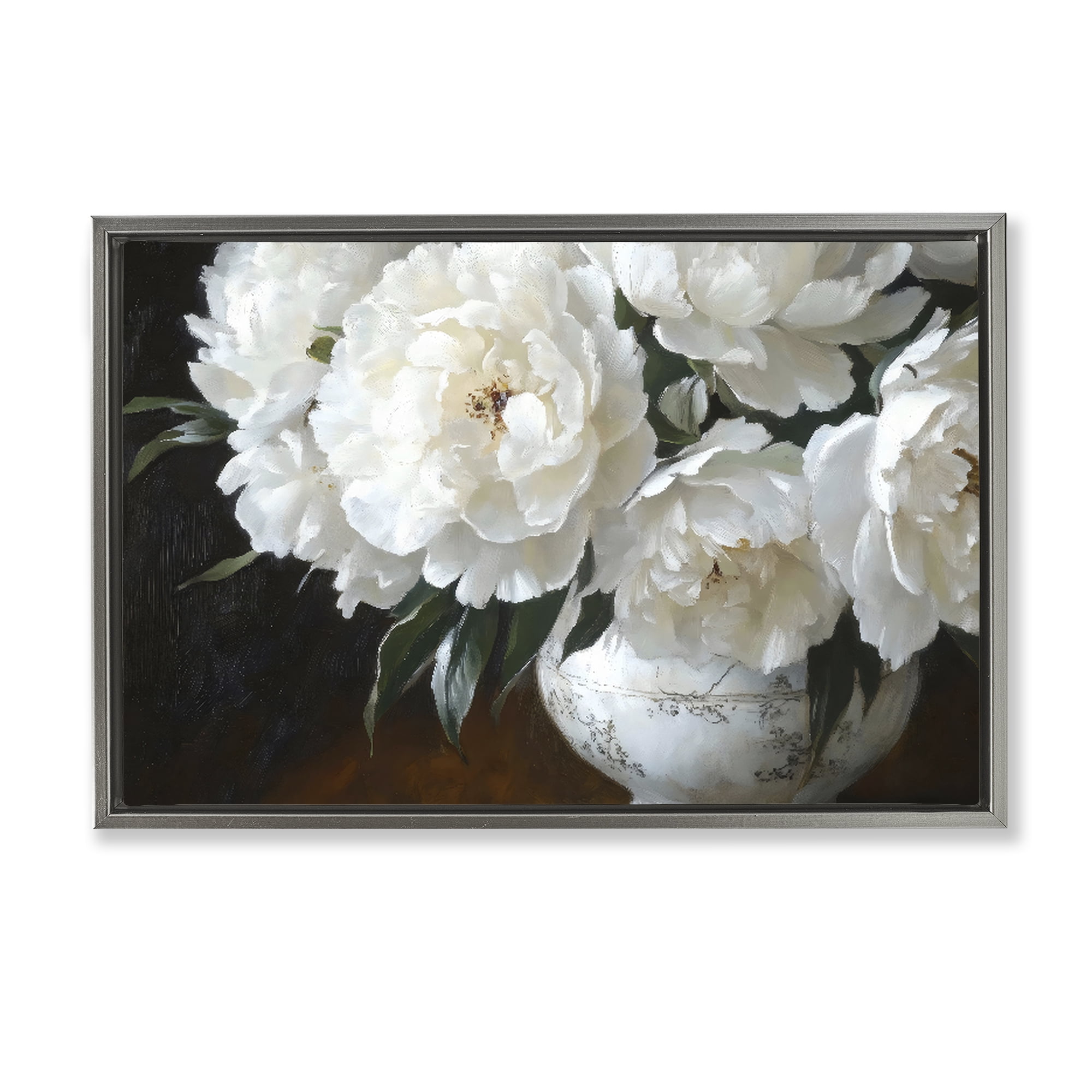 Stupell Industries White Flowers in Vintage Vase Gray Framed Floater Canvas Wall Art, design by Petal Prints Design