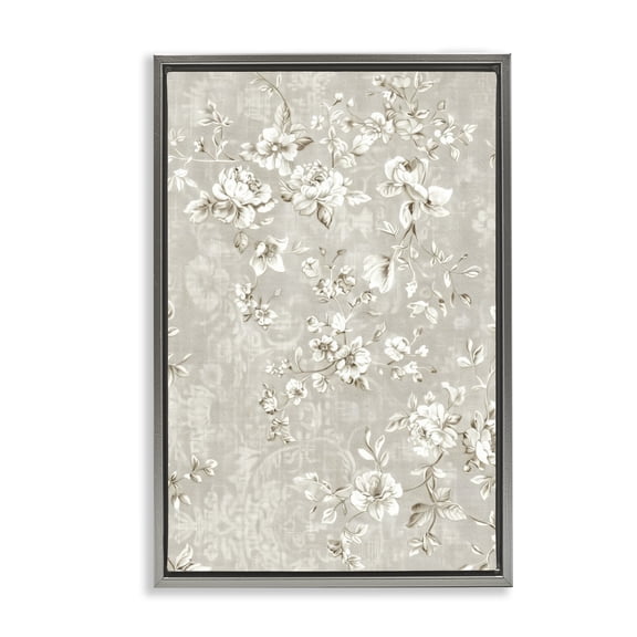 Stupell Industries White Flowers over Damask Floral Painting Gray Floater Framed Canvas Art Print Wall Art, 17 x 25