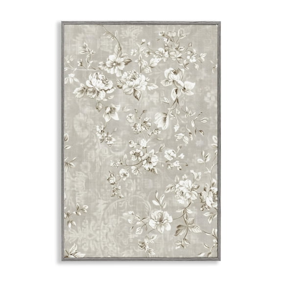 Stupell Industries White Flowers over Damask Floral Painting Gray Framed Art Print Wall Art, 12 x 18