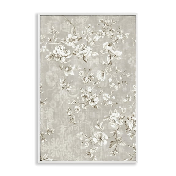 Stupell Industries White Flowers over Damask Floral Painting White Framed Art Print Wall Art, 12 x 18