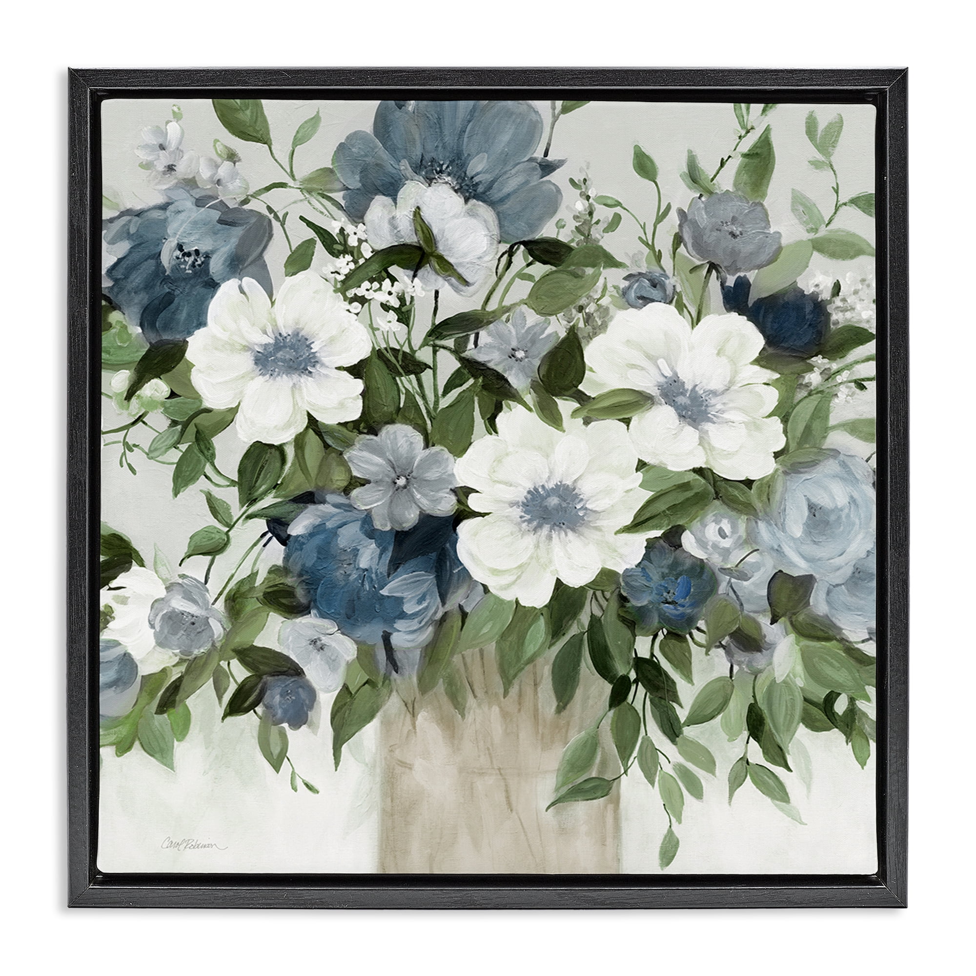 Stupell Industries White & Grey Blossoms Black Framed Floater Canvas Wall Art, design by Carol Robinson