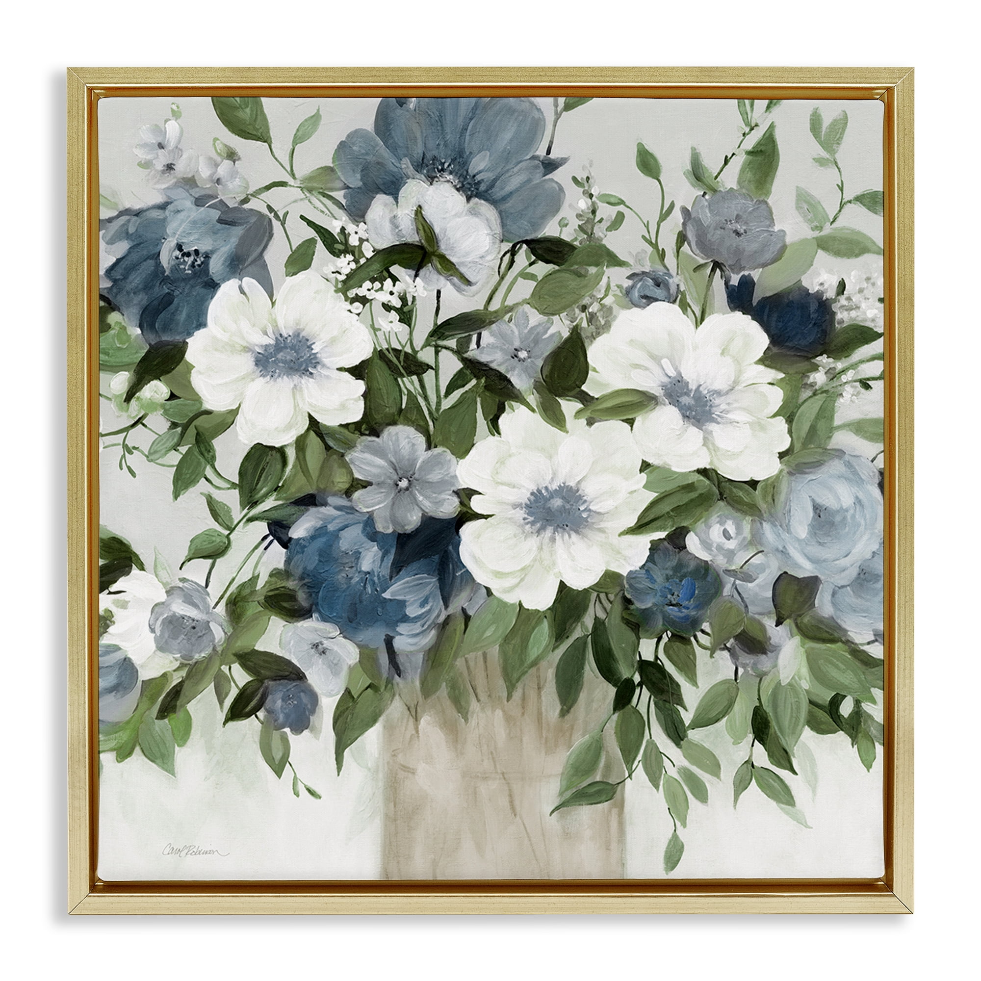 Stupell Industries White & Grey Blossoms Gold Framed Floater Canvas Wall Art, design by Carol Robinson