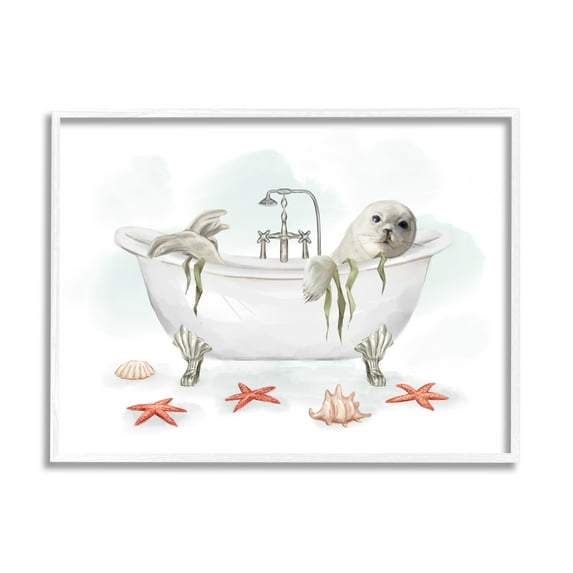 Stupell Industries White Harp Seal Ocean Inspired Bath Animal, 11 x 14, Designed by Ziwei Li
