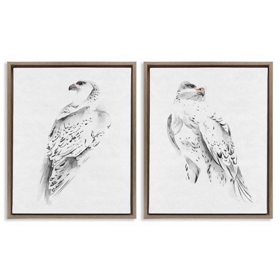 Stupell Industries White Hawk Winter Birds Animals & Insects Painting Brown Floater Framed Canvas Art Print Wall Art, 17 x 21, Set of 2
