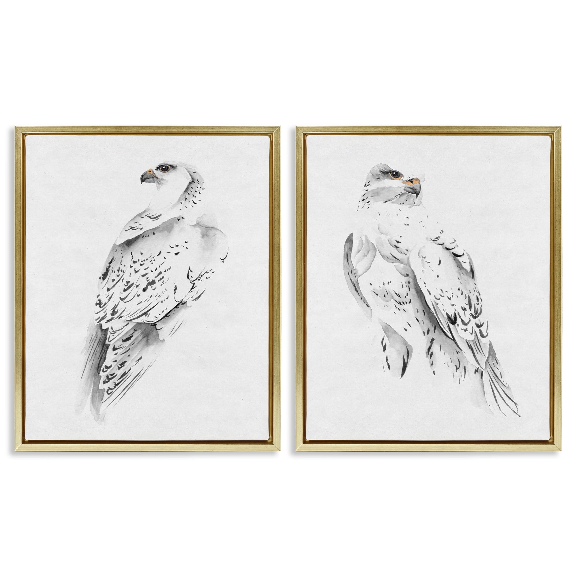Stupell Industries White Hawk Winter Birds Animals & Insects Painting Gold Floater Framed Canvas Art Print Wall Art, 25 x 31, Set of 2