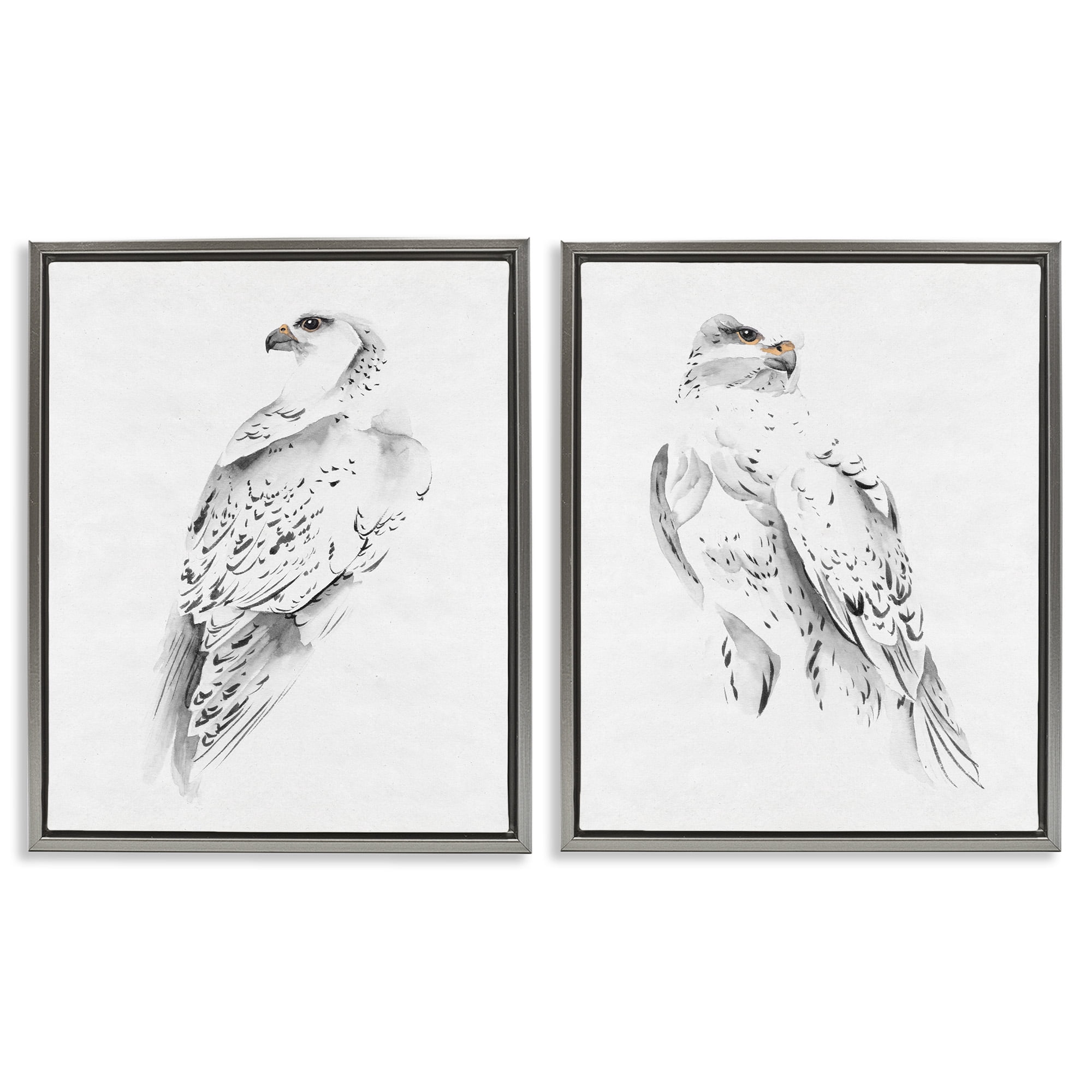 Stupell Industries White Hawk Winter Birds Animals & Insects Painting Gray Floater Framed Canvas Art Print Wall Art, 17 x 21, Set of 2
