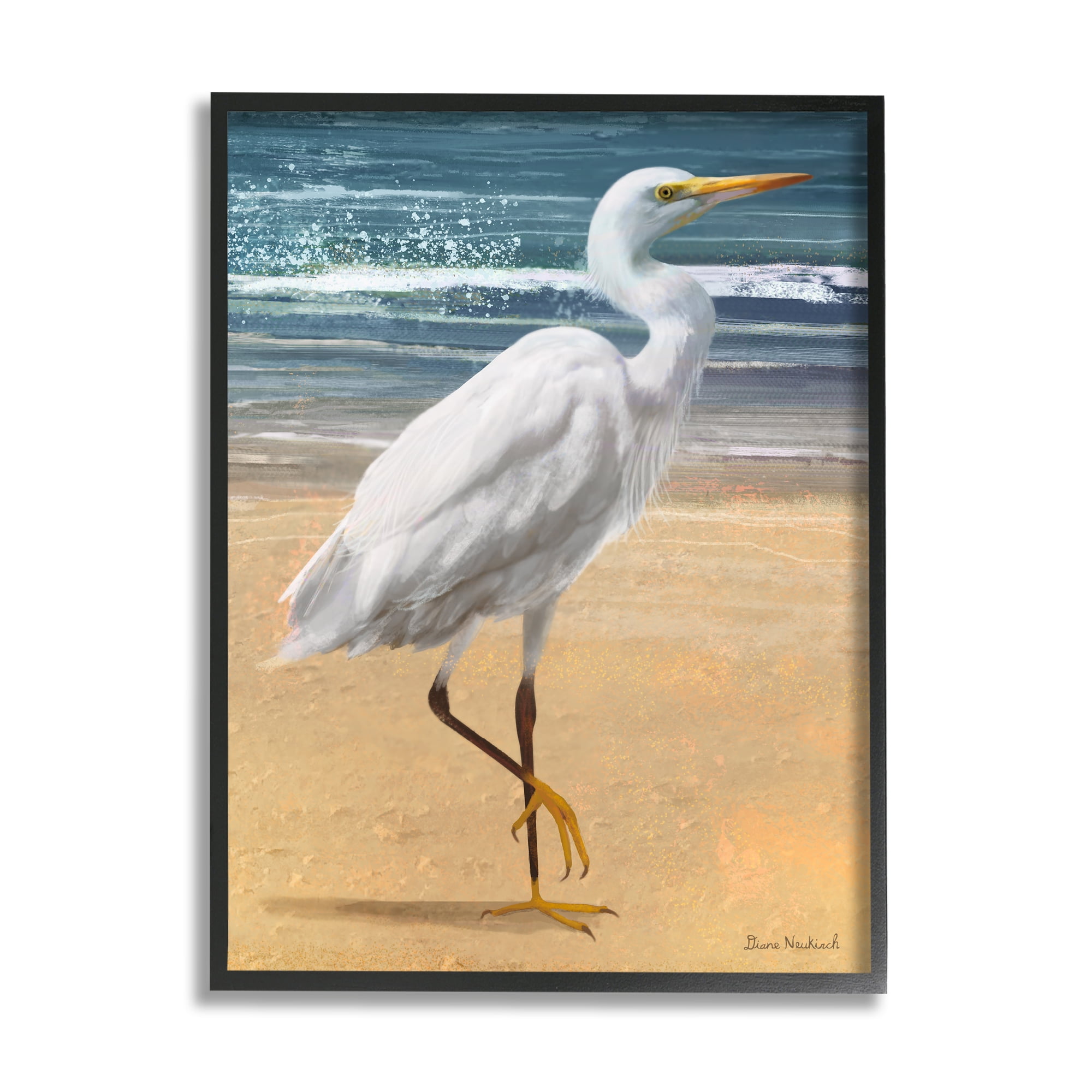Stupell Industries White Heron Bird Standing Beach Shoreline Waves Painting Black Framed Art Print Wall Art, Design by Diane Neukirch