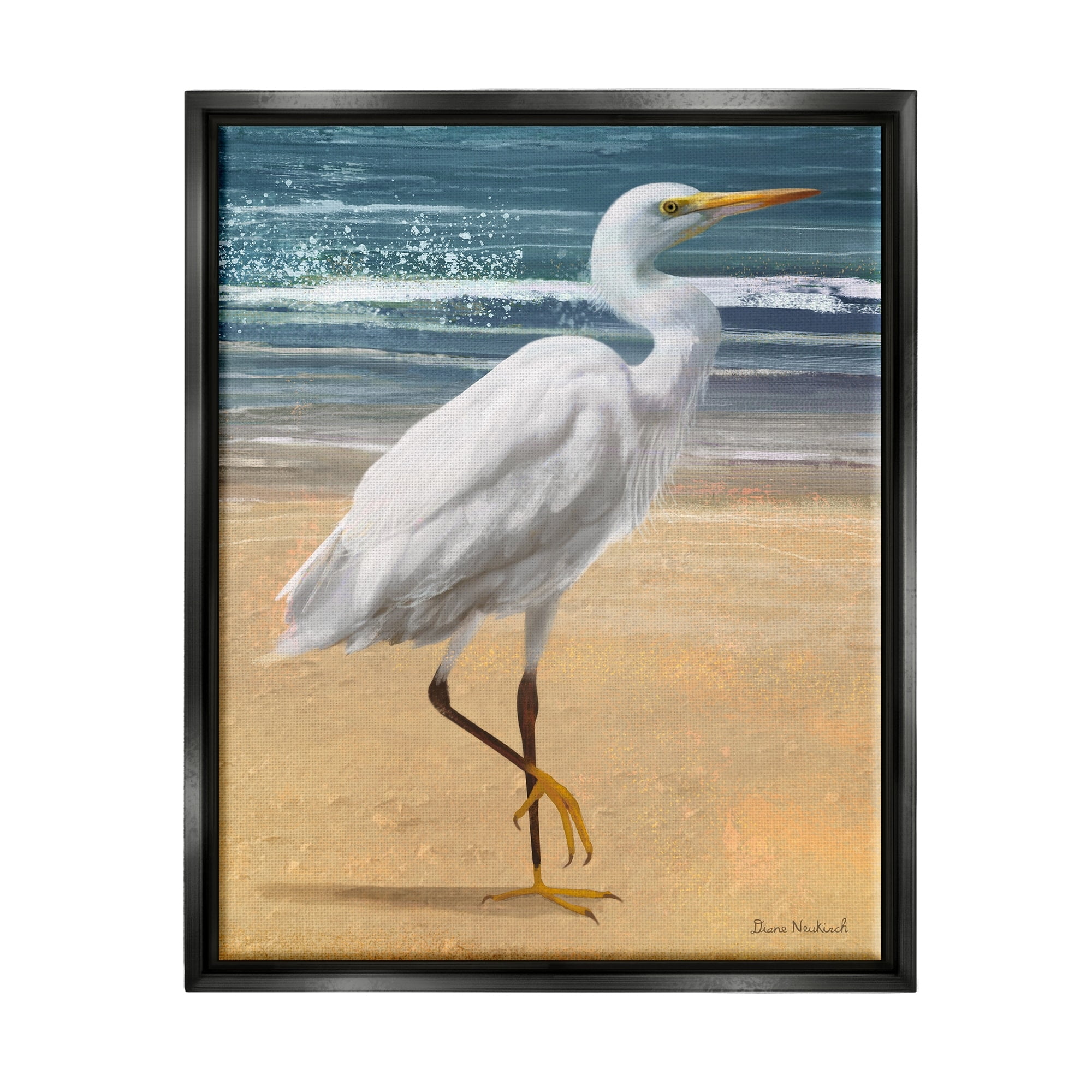 Stupell Industries White Heron Bird Standing Beach Shoreline Waves Painting Jet Black Floating Framed Canvas Print Wall Art, Design by Diane Neukirch