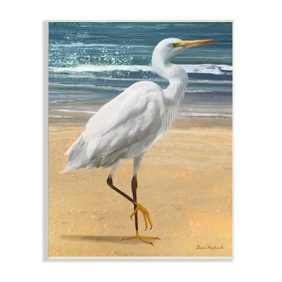 Stupell Industries White Heron Bird Standing Beach Shoreline Waves Painting Unframed Art Print Wall Art, Design by Diane Neukirch
