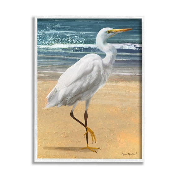 Stupell Industries White Heron Bird Standing Beach Shoreline Waves Painting White Framed Art Print Wall Art, Design by Diane Neukirch