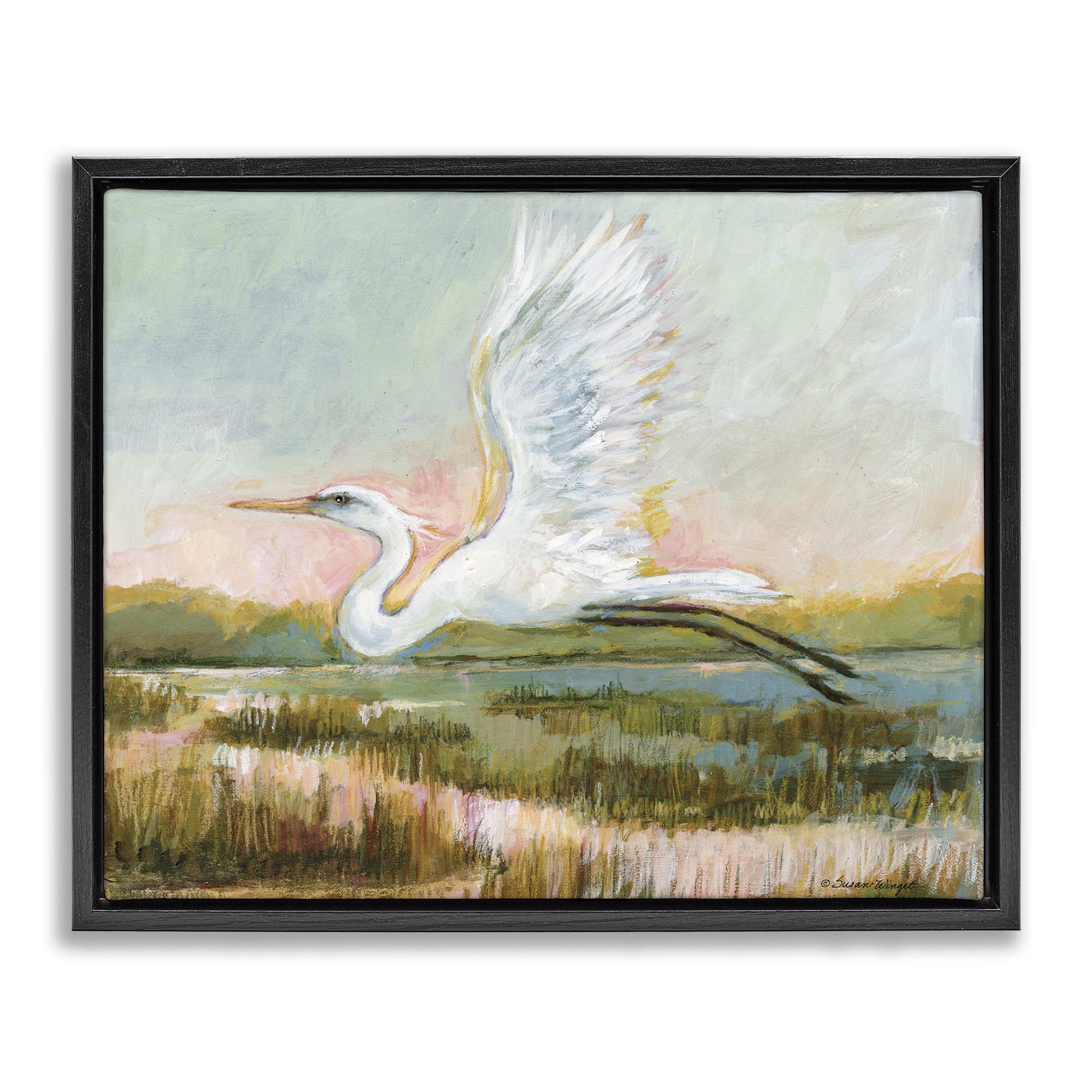 Stupell Industries White Heron Flying Black Framed Floater Canvas Wall Art, design by Susan Winget