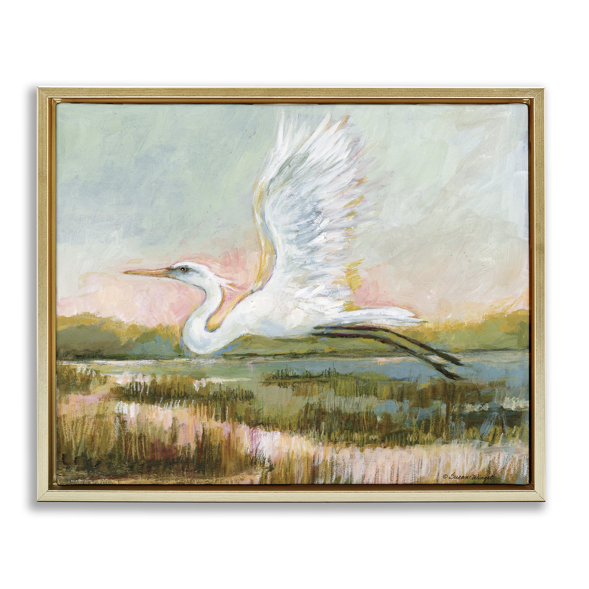 Stupell Industries White Heron Flying Gold Framed Floater Canvas Wall Art, design by Susan Winget