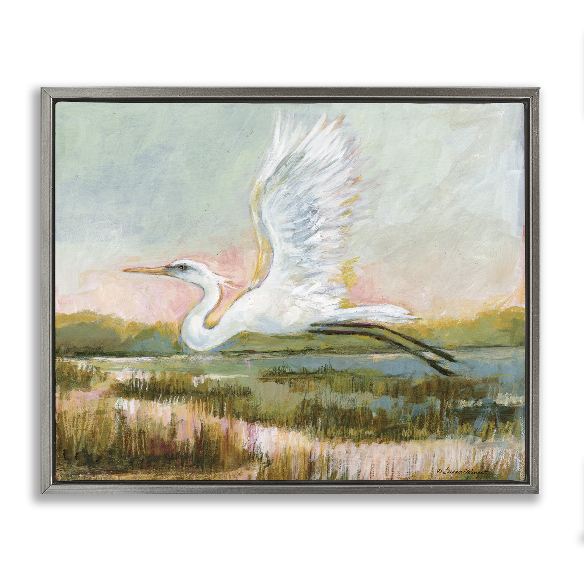Stupell Industries White Heron Flying Gray Framed Floater Canvas Wall Art, design by Susan Winget