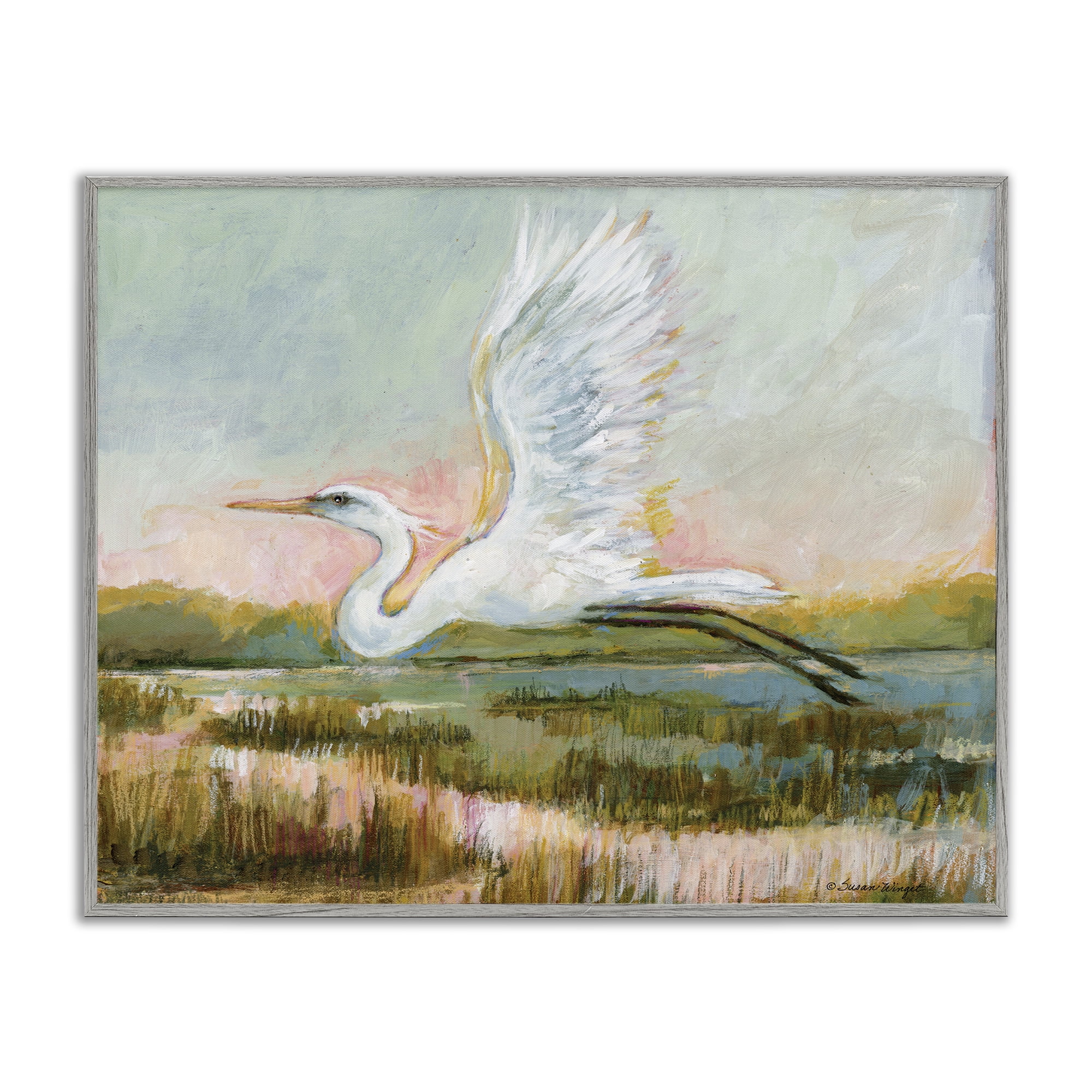 Stupell Industries White Heron Flying Gray Framed Giclee Art, design by Susan Winget