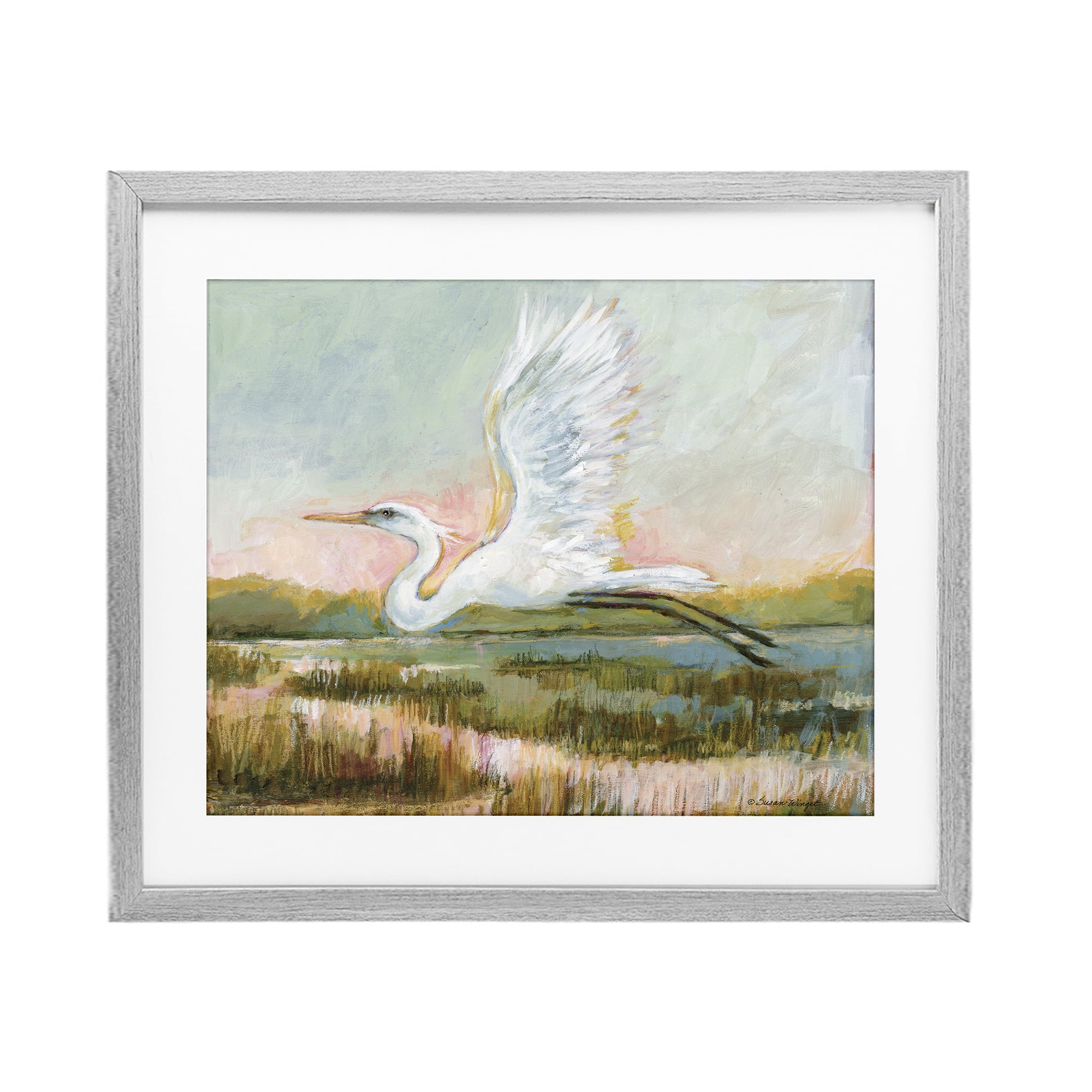 Stupell Industries White Heron Flying Gray Framed Print Under Glass, design by Susan Winget