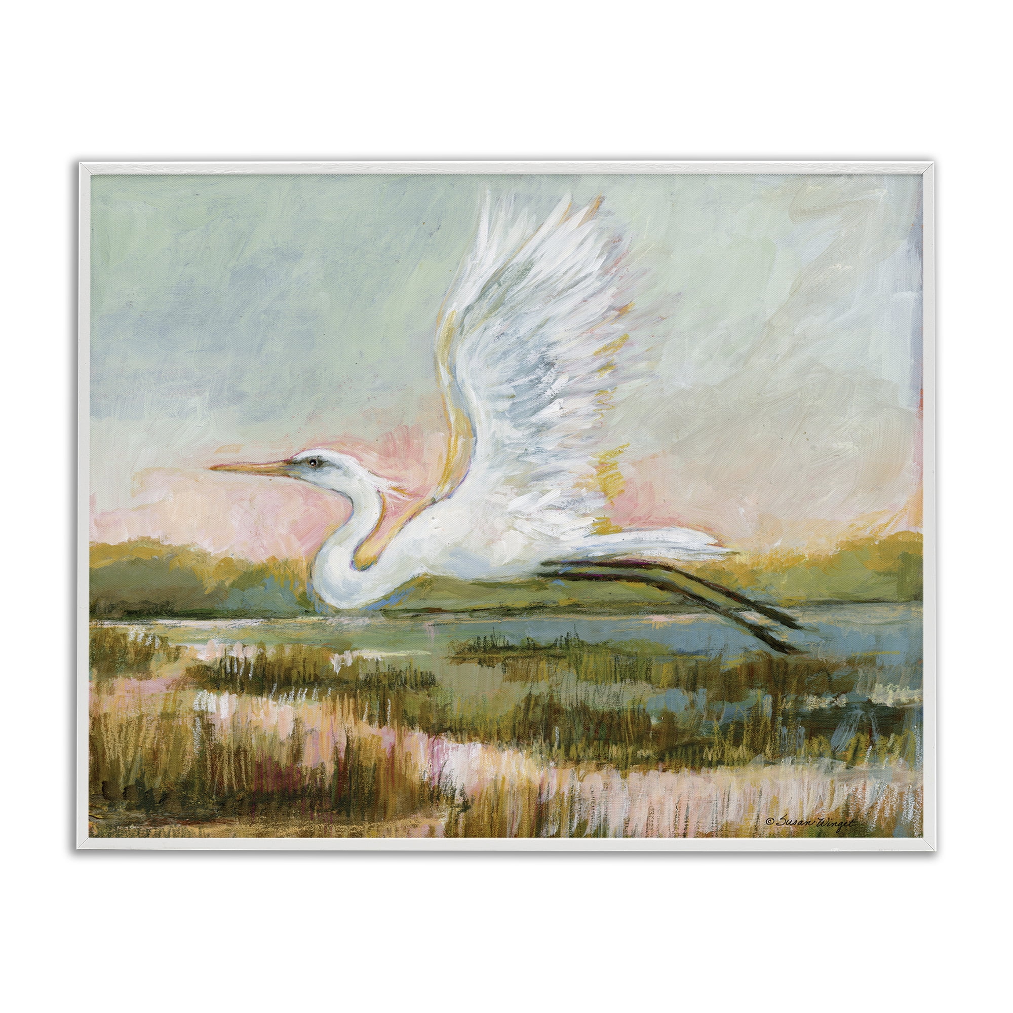 Stupell Industries White Heron Flying White Framed Giclee Art, design by Susan Winget