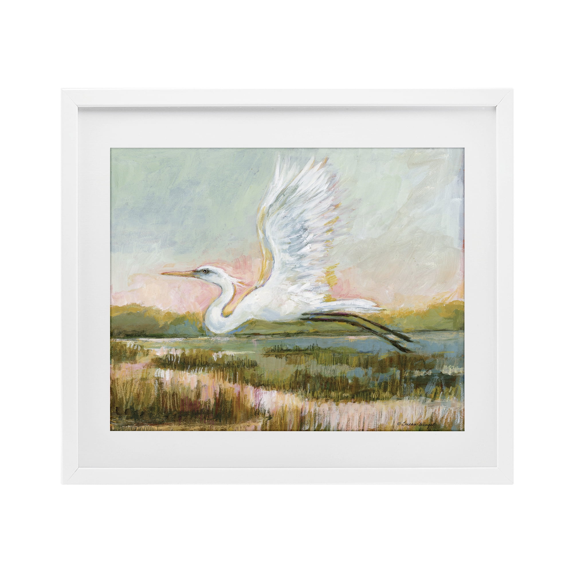 Stupell Industries White Heron Flying White Framed Print Under Glass, design by Susan Winget