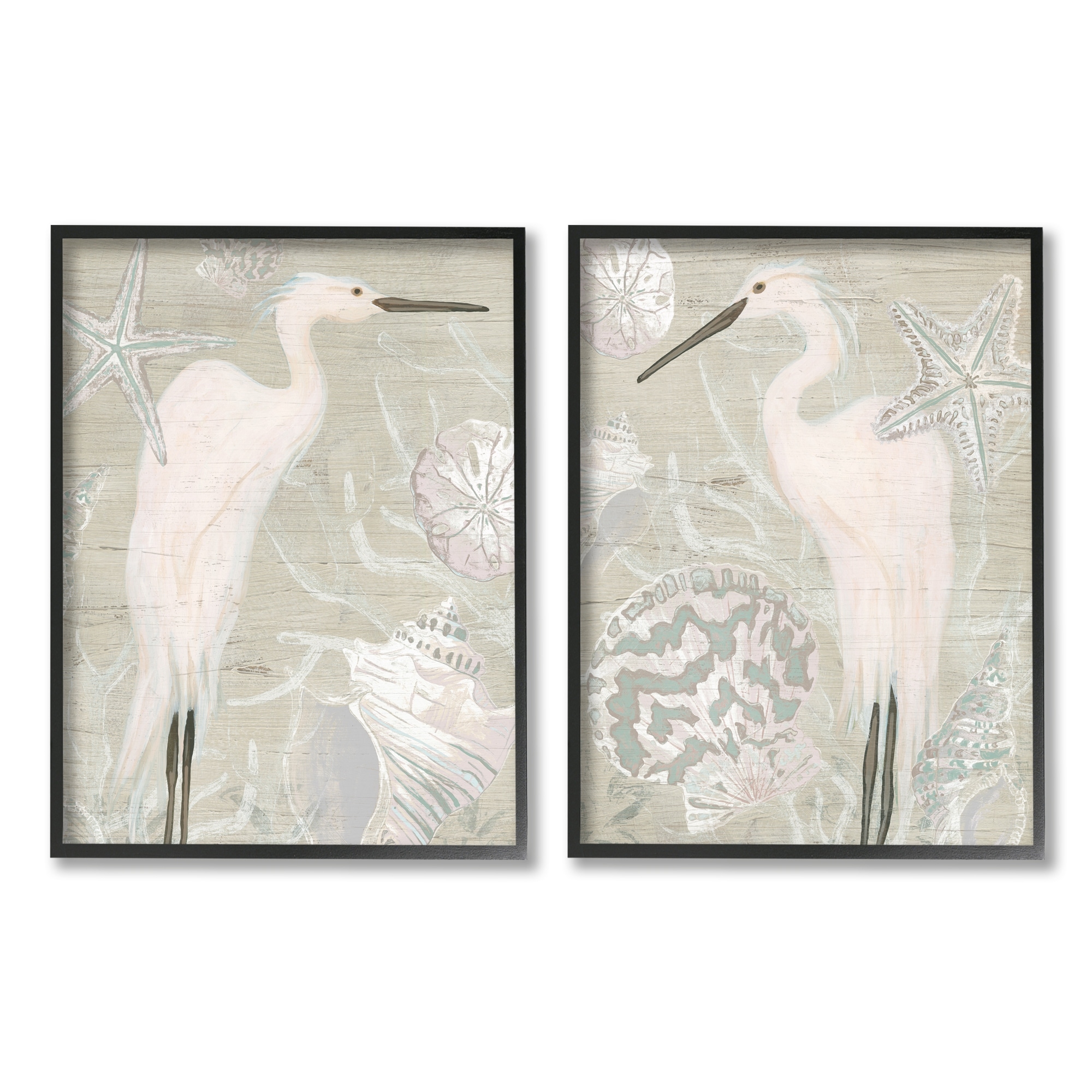 Stupell Industries White Heron Nautical Seashells Rustic Starfish Wildlife Graphic Art Black Framed Art Print Wall Art, Set of 2, Design by June Erica Vess