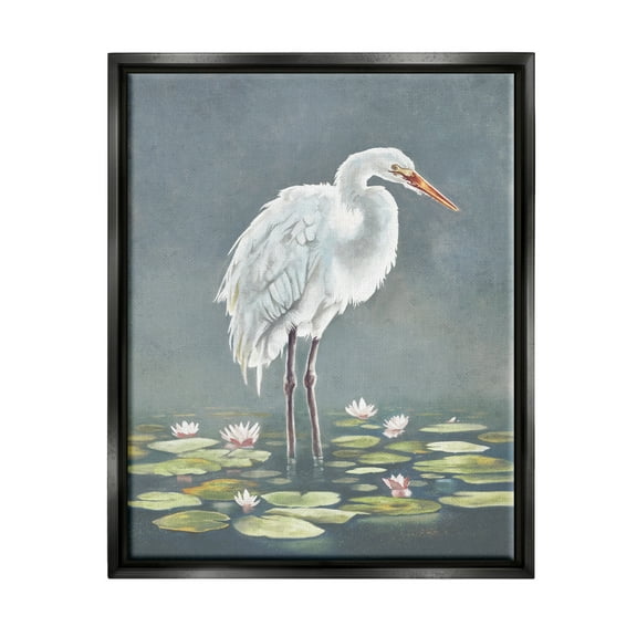 Stupell Industries White Heron & Pond Lilies Animals & Insects Painting Black Floater Framed Canvas Art Print Wall Art, 17 x 21