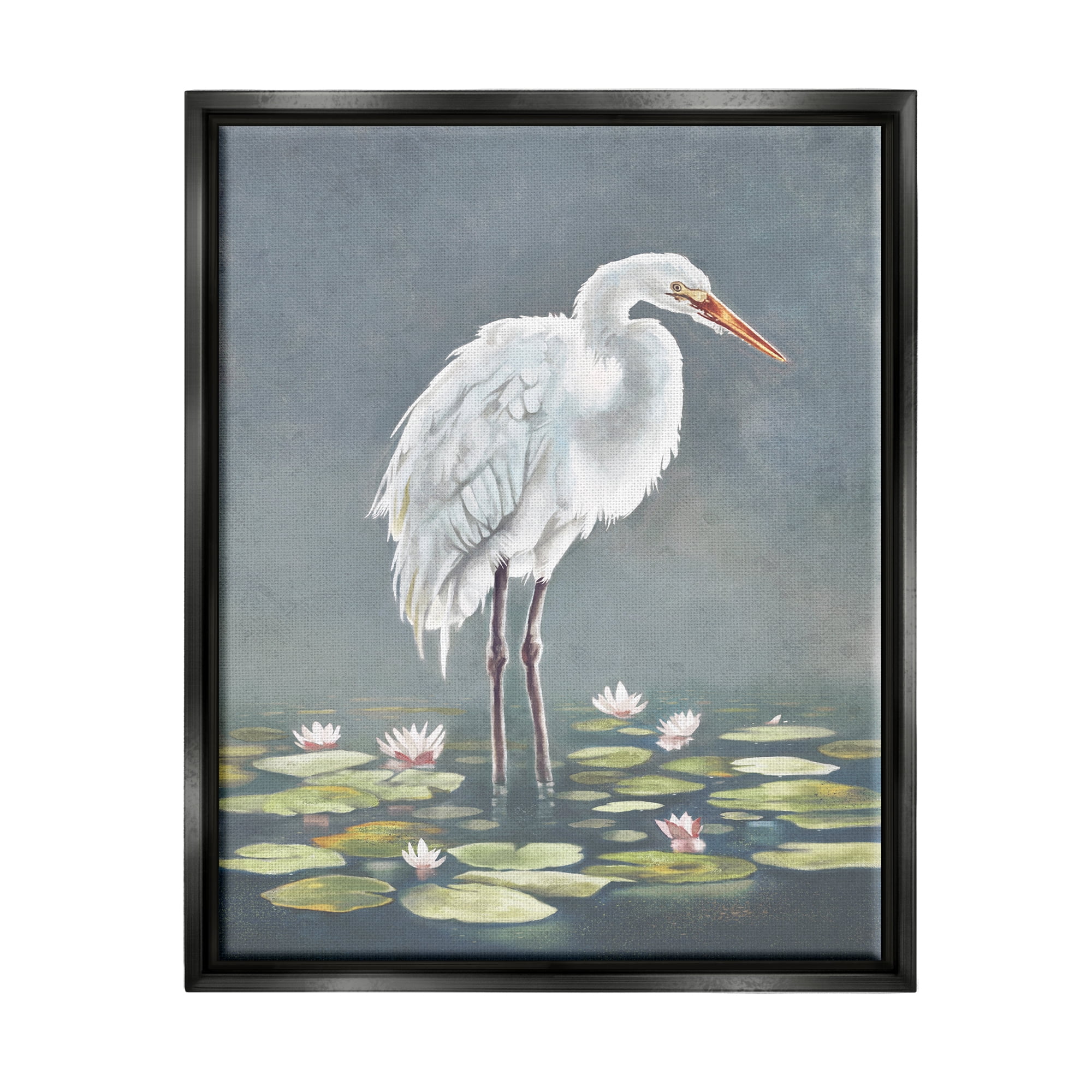 Stupell Industries White Heron & Pond Lilies Animals & Insects Painting Black Floater Framed Canvas Art Print Wall Art, 25 x 31