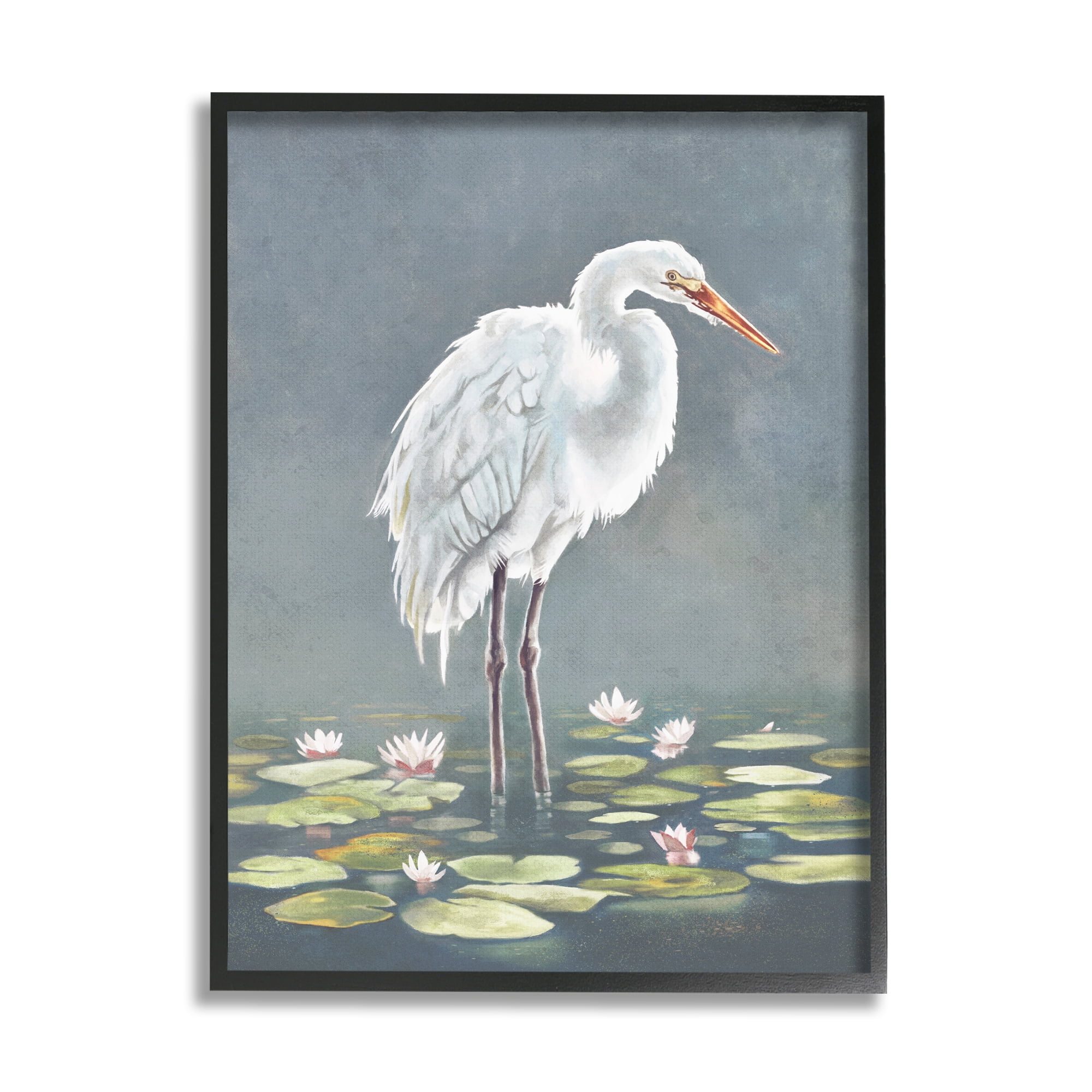Stupell Industries White Heron & Pond Lilies Animals & Insects Painting Black Framed Art Print Wall Art, 16 x 20
