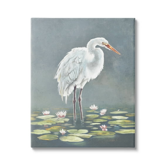 Stupell Industries White Heron & Pond Lilies Animals & Insects Painting Gallery Wrapped Canvas Art Print Wall Art, 16 x 20