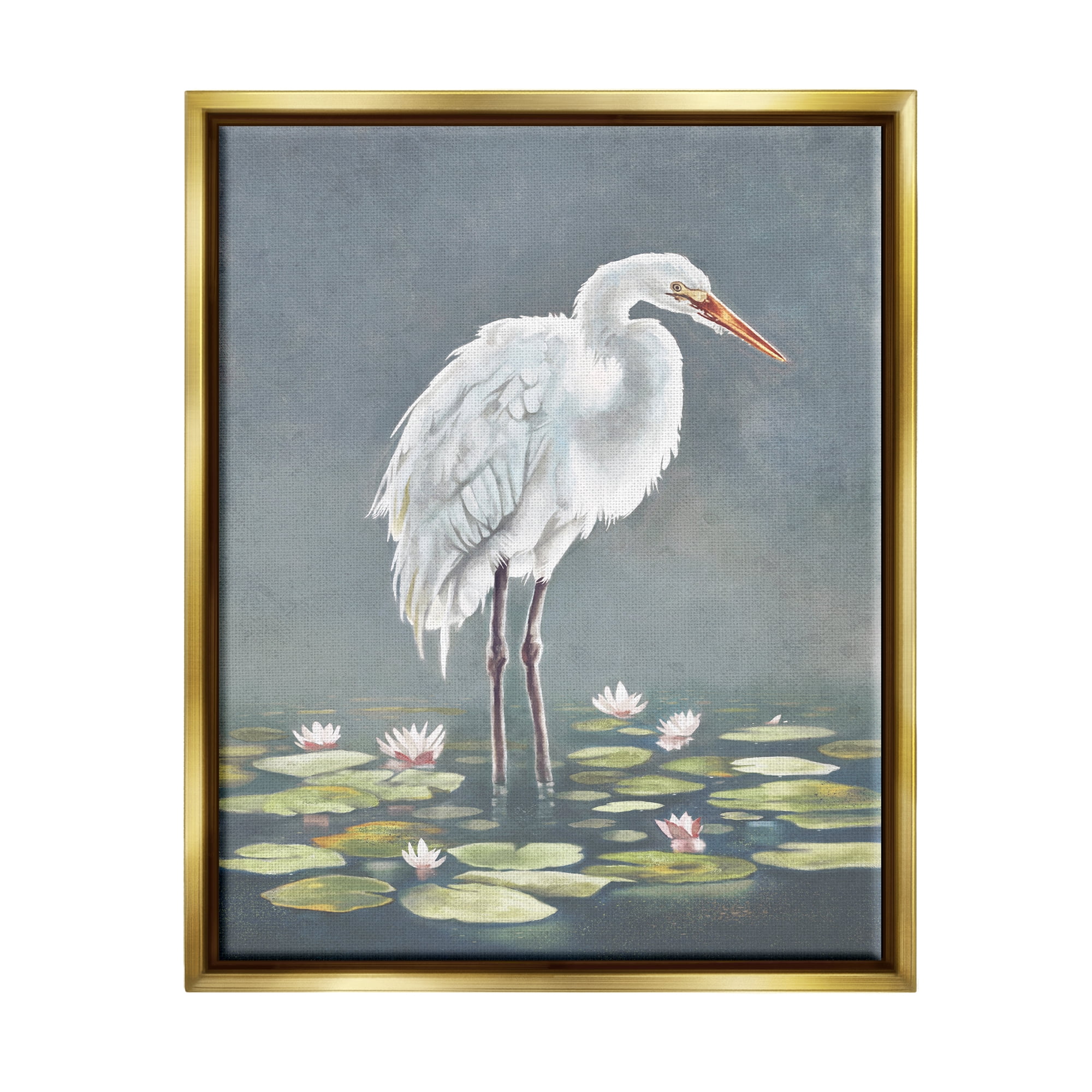 Stupell Industries White Heron & Pond Lilies Animals & Insects Painting Gold Floater Framed Canvas Art Print Wall Art, 25 x 31