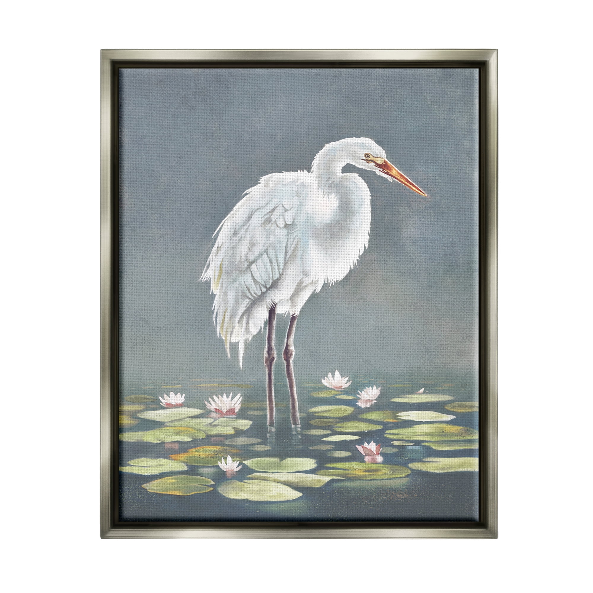 Stupell Industries White Heron & Pond Lilies Animals & Insects Painting Gray Floater Framed Canvas Art Print Wall Art, 25 x 31