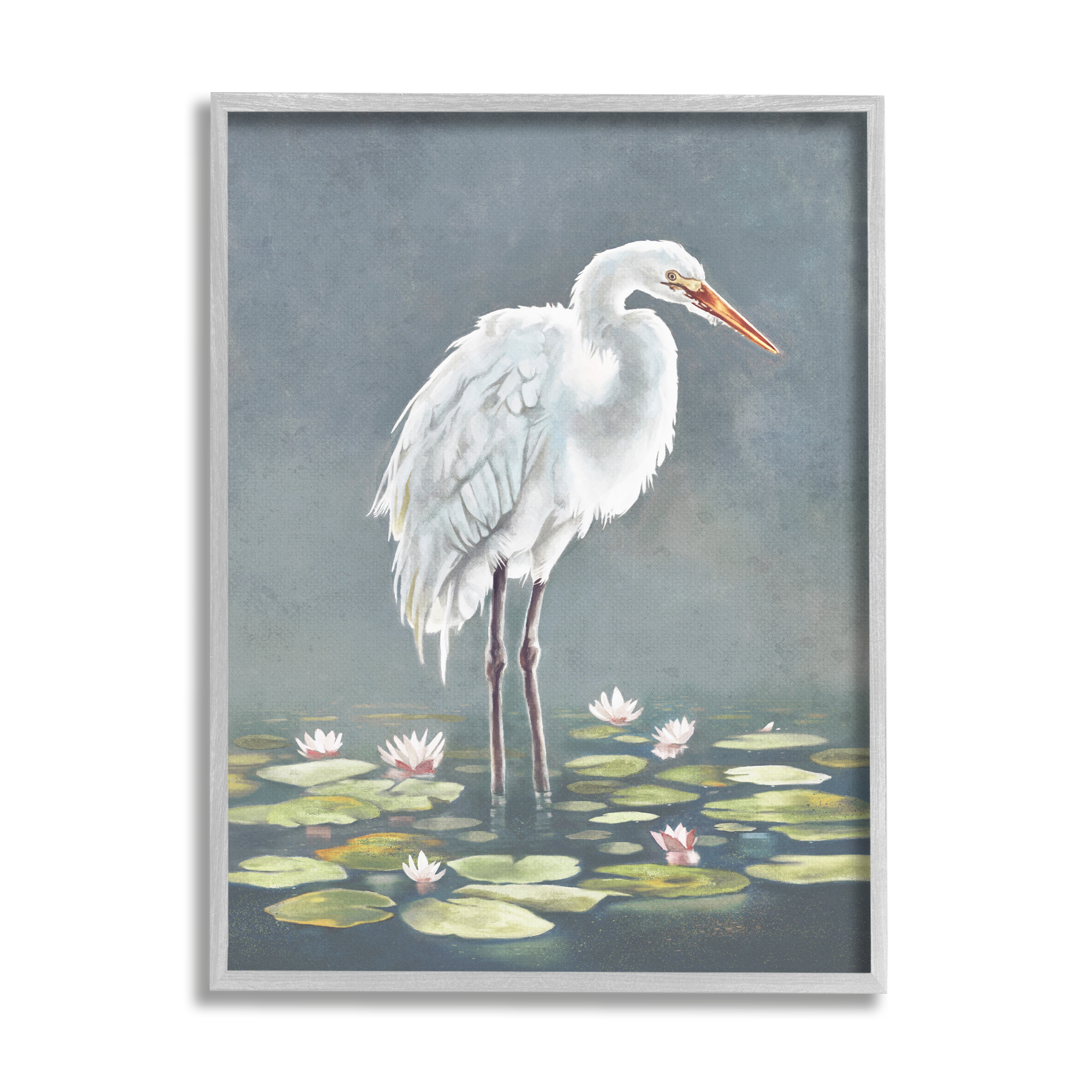Stupell Industries White Heron & Pond Lilies Animals & Insects Painting Gray Framed Art Print Wall Art, 16 x 20