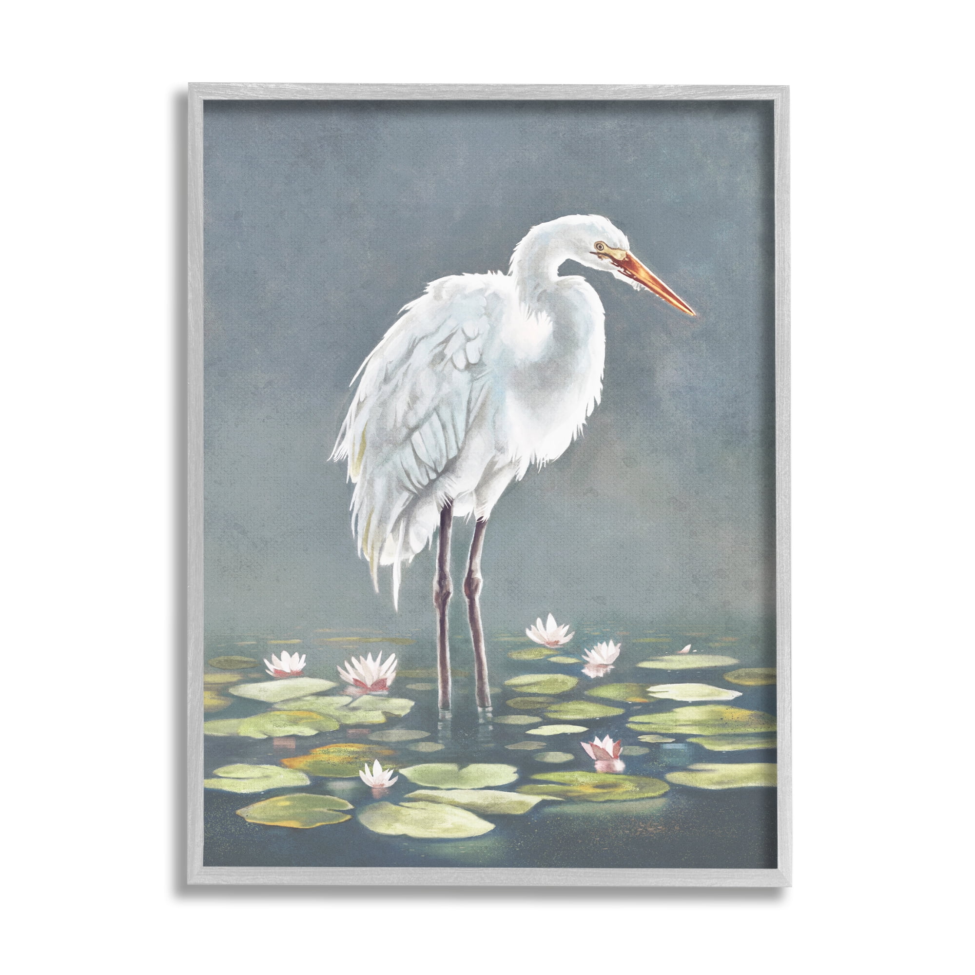 Stupell Industries White Heron & Pond Lilies Animals & Insects Painting Gray Framed Art Print Wall Art, 24 x 30