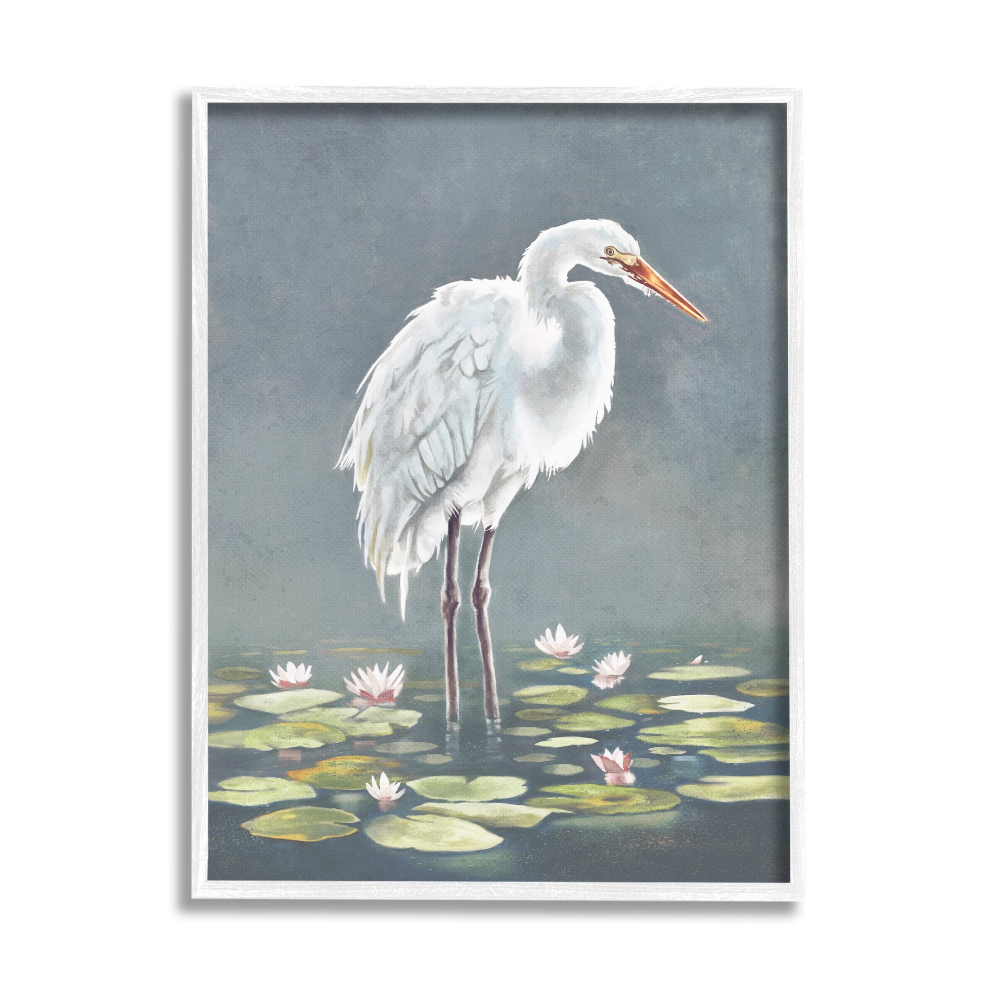 Stupell Industries White Heron & Pond Lilies Animals & Insects Painting White Framed Art Print Wall Art, 16 x 20