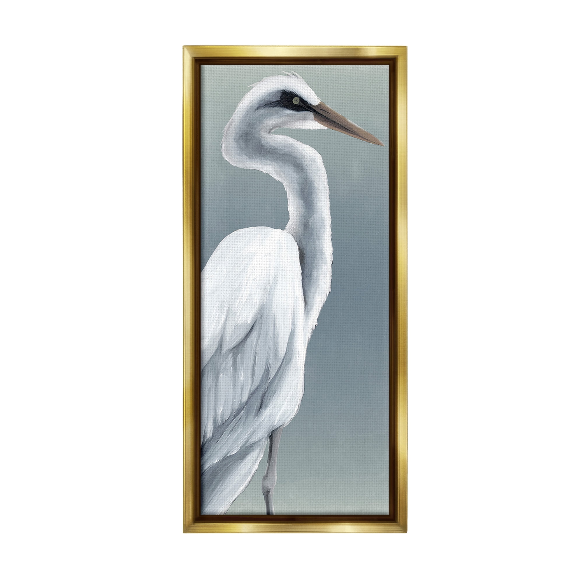 Stupell Industries White Heron Portrait Animals & Insects Painting Gold Floater Framed Canvas Art Print Wall Art, 14 x 31