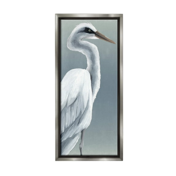 Stupell Industries White Heron Portrait Animals & Insects Painting Gray Floater Framed Canvas Art Print Wall Art, 11 x 25