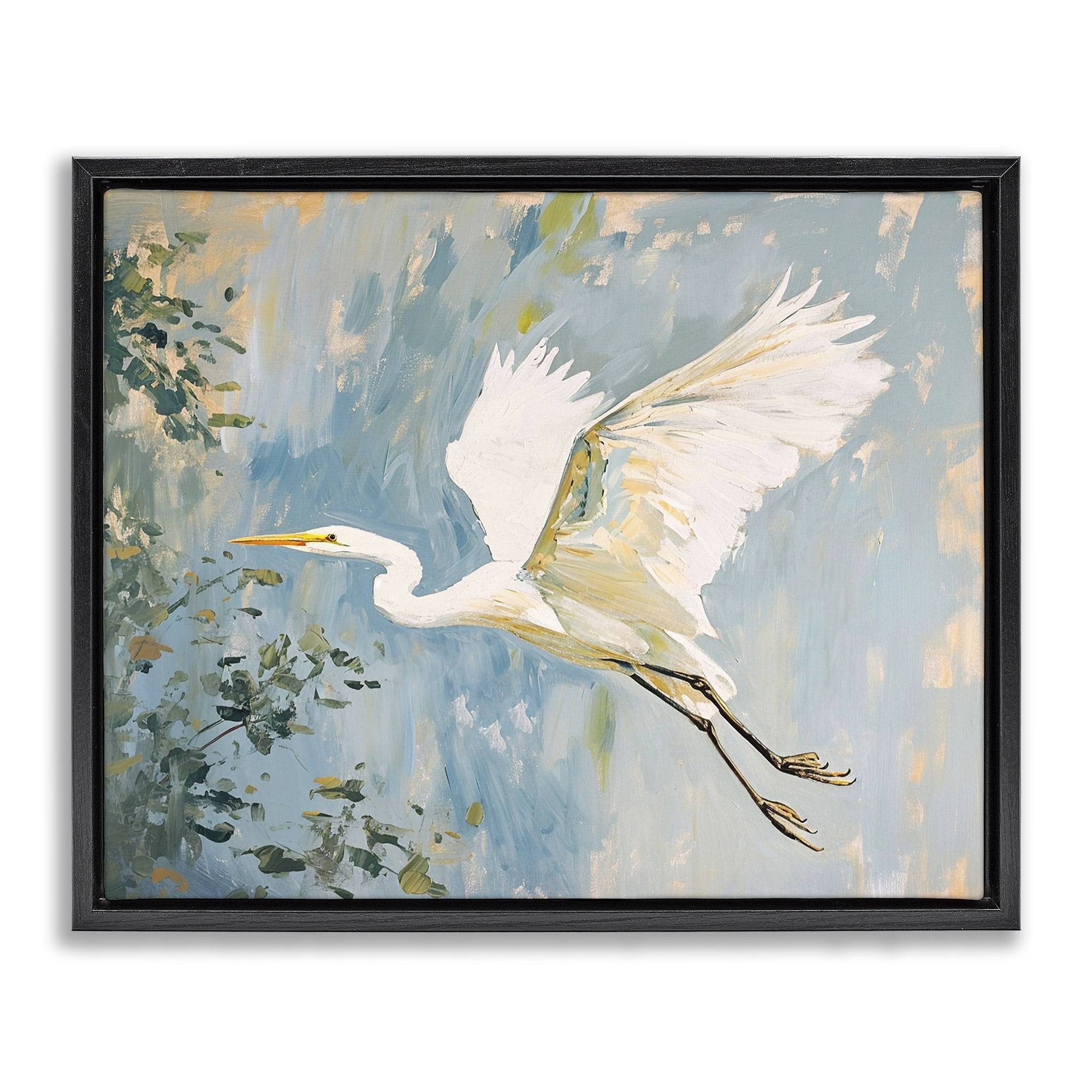 Stupell Industries White Heron in Flight Animals & Insects Painting Black Floater Framed Canvas Art Print Wall Art, 31 x 25