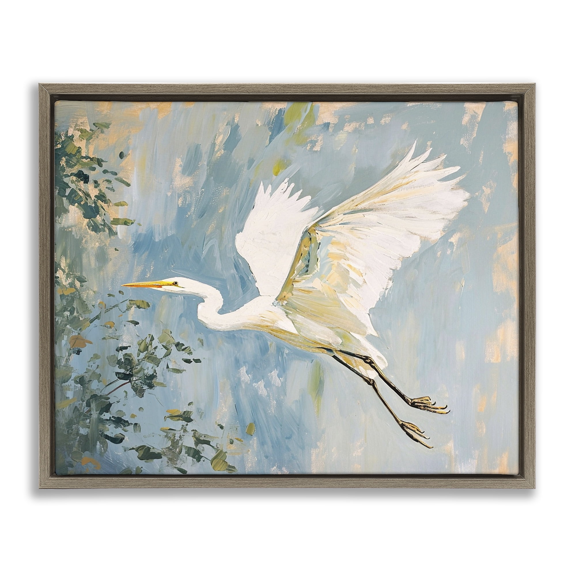 Stupell Industries White Heron in Flight Animals & Insects Painting Brown Floater Framed Canvas Art Print Wall Art, 21 x 17