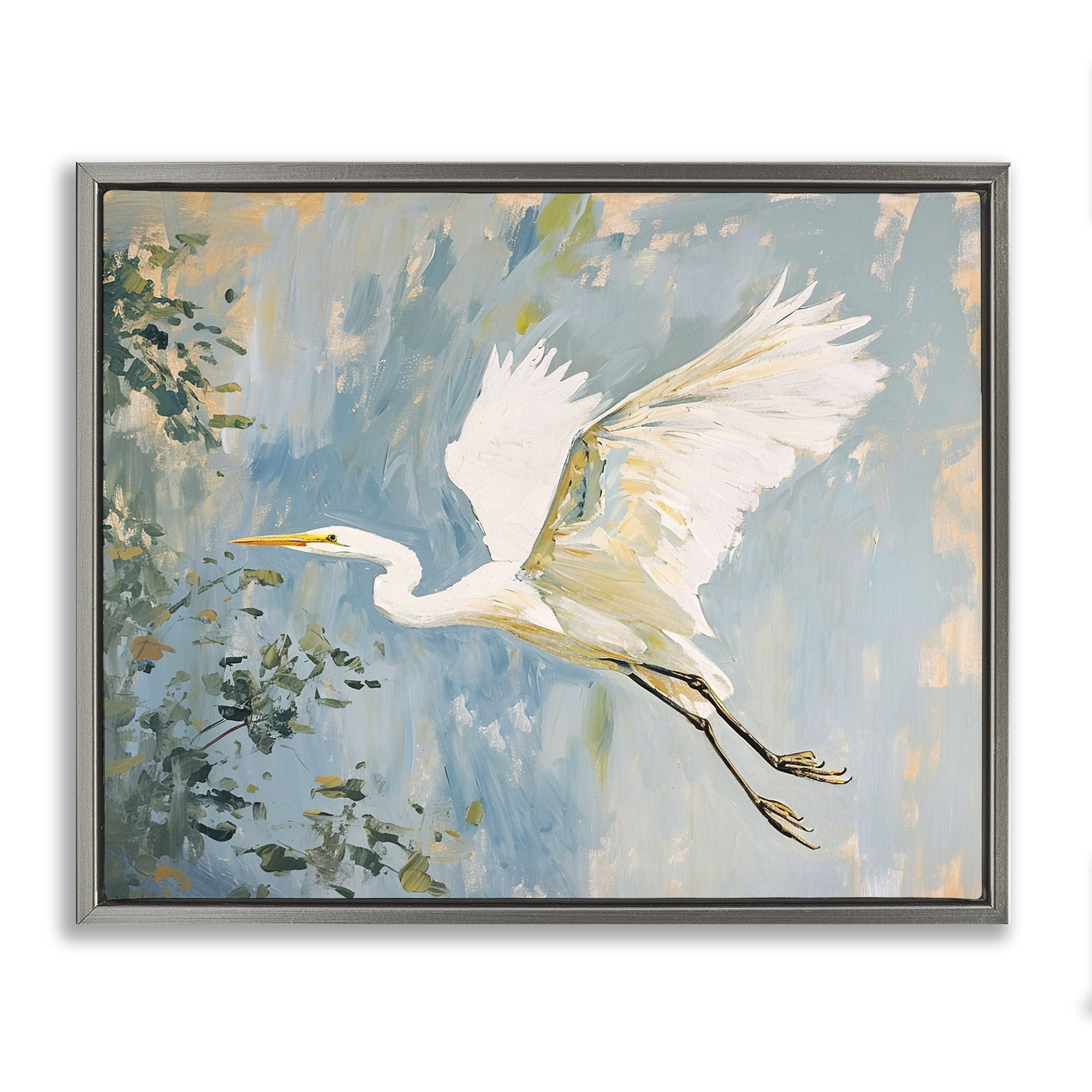 Stupell Industries White Heron in Flight Animals & Insects Painting Gray Floater Framed Canvas Art Print Wall Art, 21 x 17
