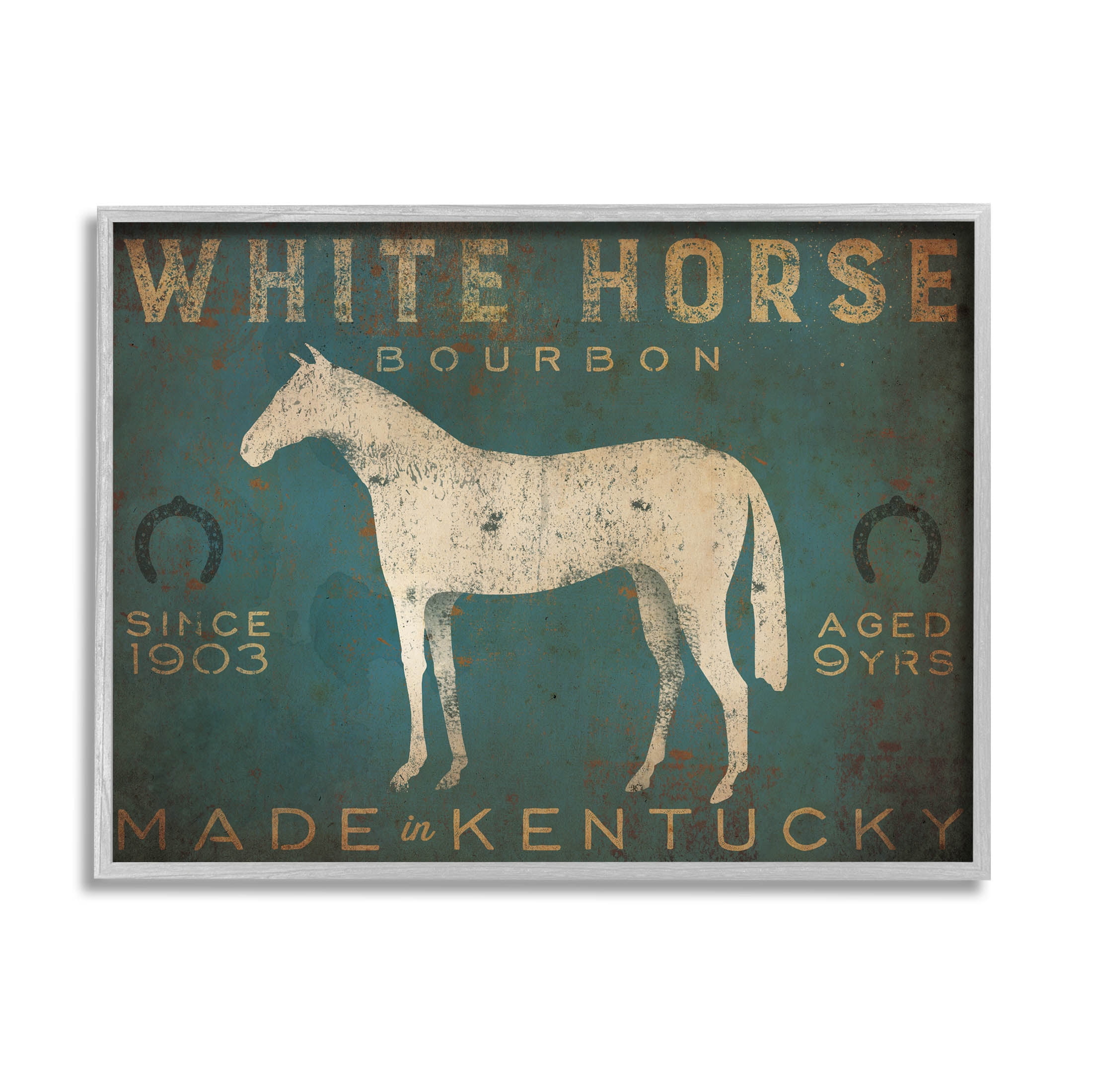 Vintage Gray Framed White Horse Bourbon Wall Art, 11 x 14