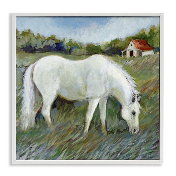 Stupell Industries White Horse In Field Animals Painting White Framed Art Print Wall Art, 12 x 12