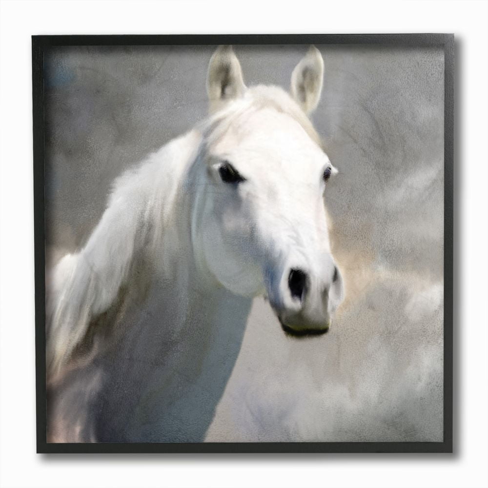 Stupell Industries White Horse Portrait Animal Painting Black Framed Art Print Wall Art, 12x12, by Kim Allen
