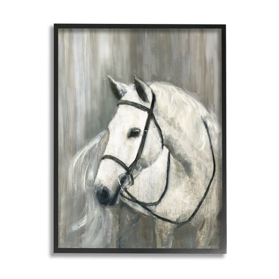Stupell Industries White Horse Riding Bridle Contemporary Equestrian Portrait Modern Painting Black Framed Art Print Wall Art, 16 x 20, Design by Sally Swatland