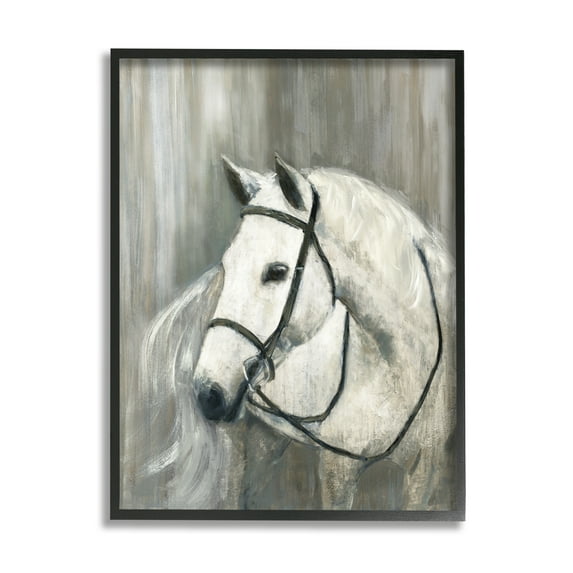 Stupell Industries White Horse Riding Bridle Contemporary Equestrian Portrait Modern Painting Black Framed Art Print Wall Art, 24 x 30, Design by Sally Swatland