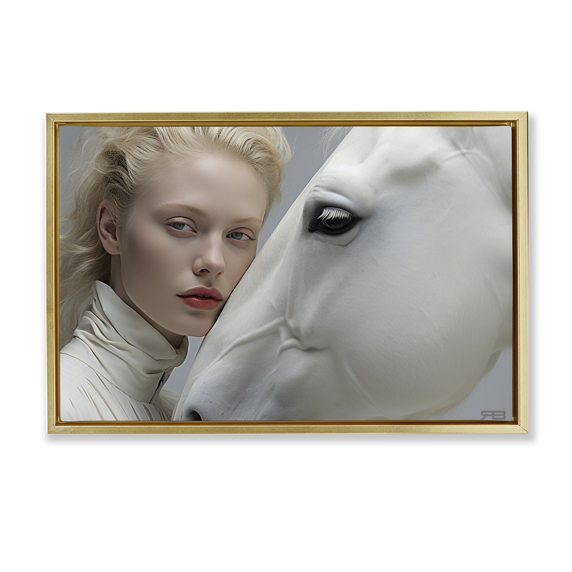 Stupell Industries White Horse & Woman People Painting Gold Floater Framed Canvas Art Print Wall Art, 31 x 21
