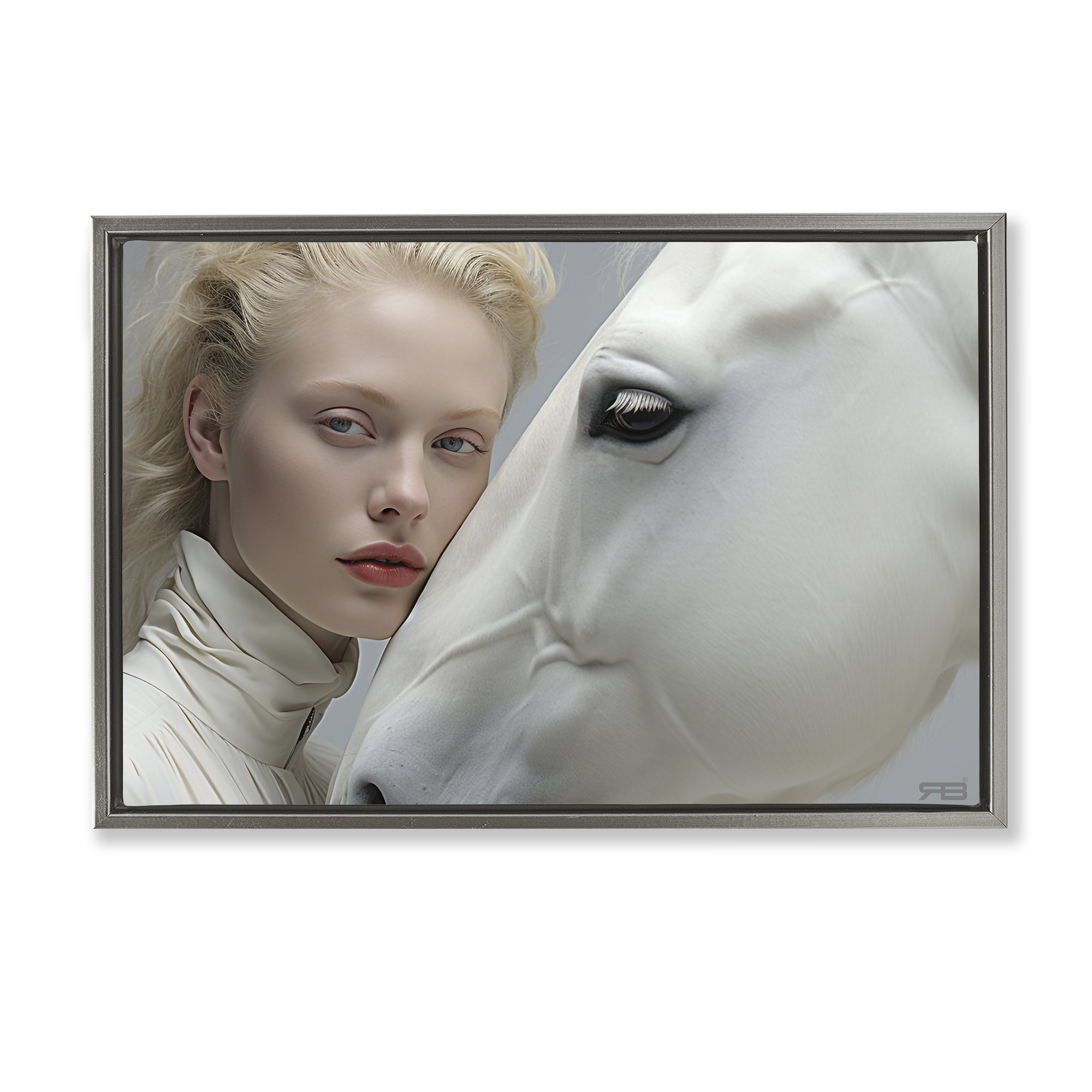 Stupell Industries White Horse & Woman People Painting Gray Floater Framed Canvas Art Print Wall Art, 31 x 21