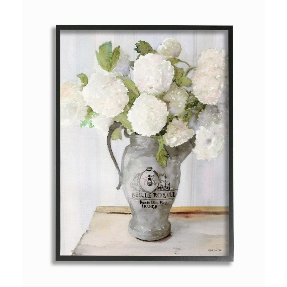 White Hydrangea Still Life on Canvas with Black Frame, 11" x 14"
